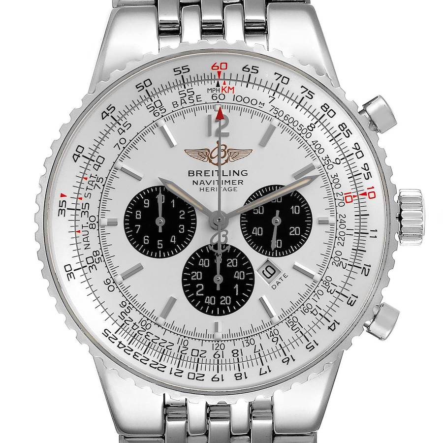 The Breitling Navitimer model A35340 is shown from a front angle, highlighting its face, chronograph subdials, bezel, and bracelet.