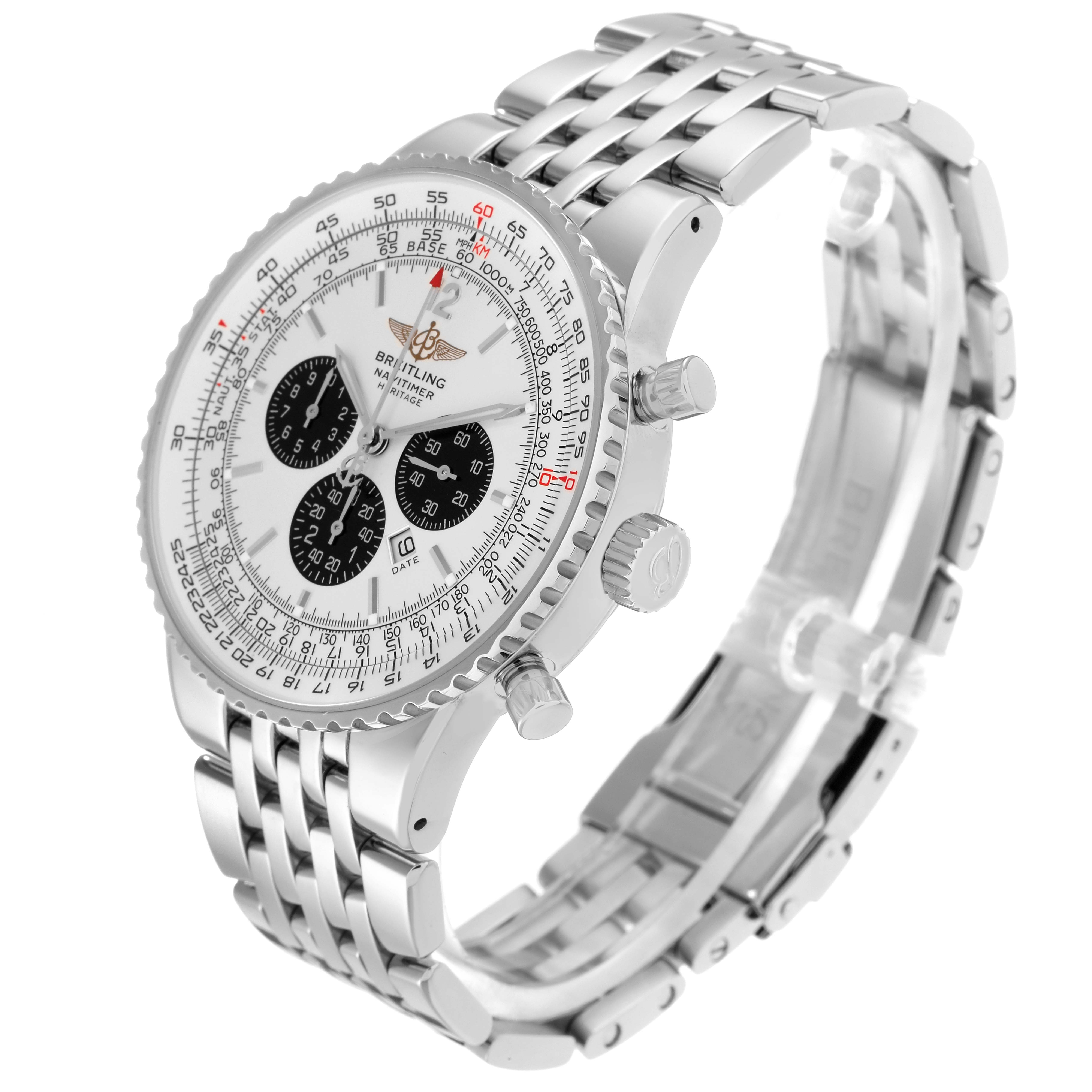 The Breitling Navitimer model A35340 men's watch is shown at a slight angle, highlighting the face, bezel, crown, chrono pushers, and bracelet.