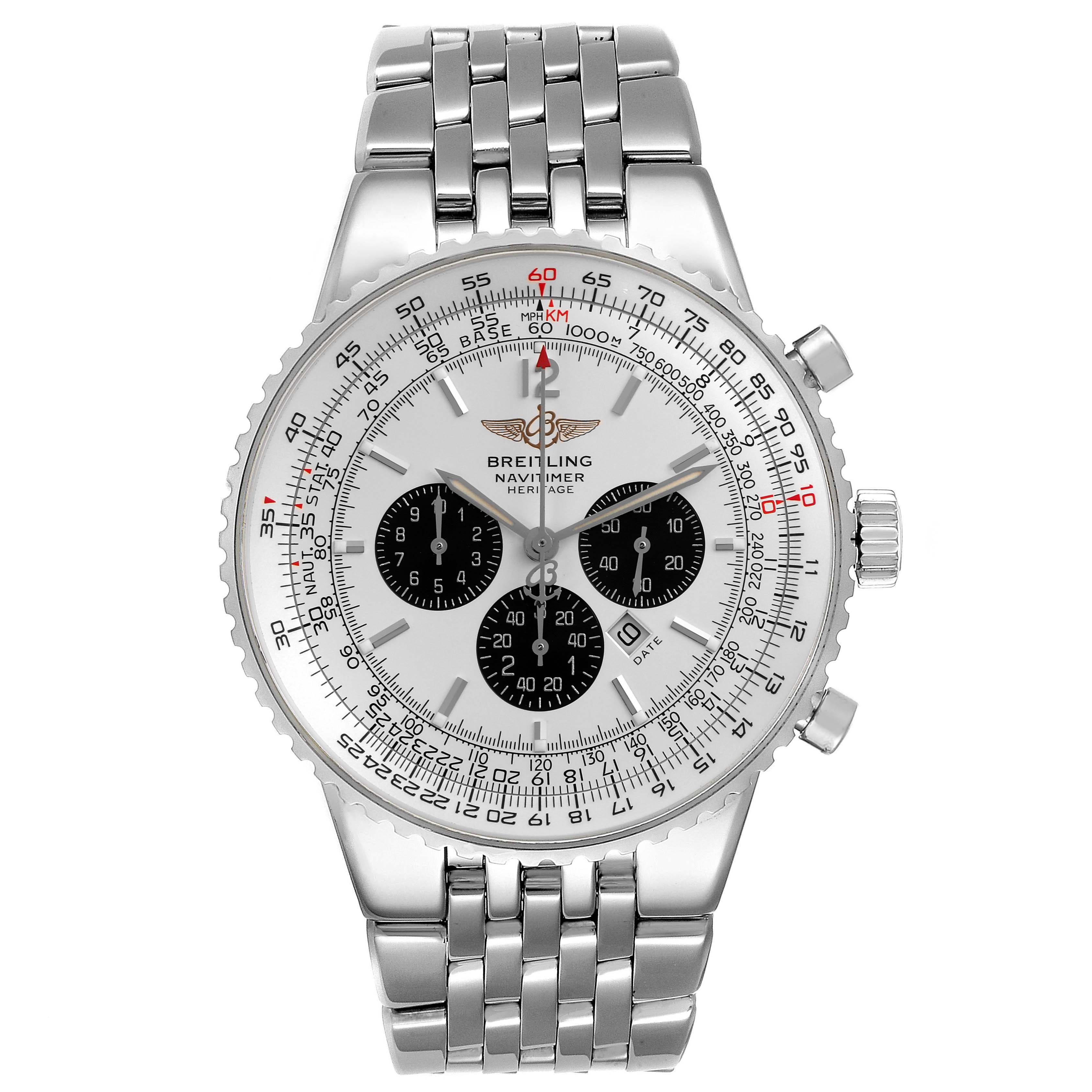 The image shows a front view of a Breitling Navitimer model A35340 men's watch, featuring a silver bracelet, a detailed dial with three sub-dials, and a rotating bezel.