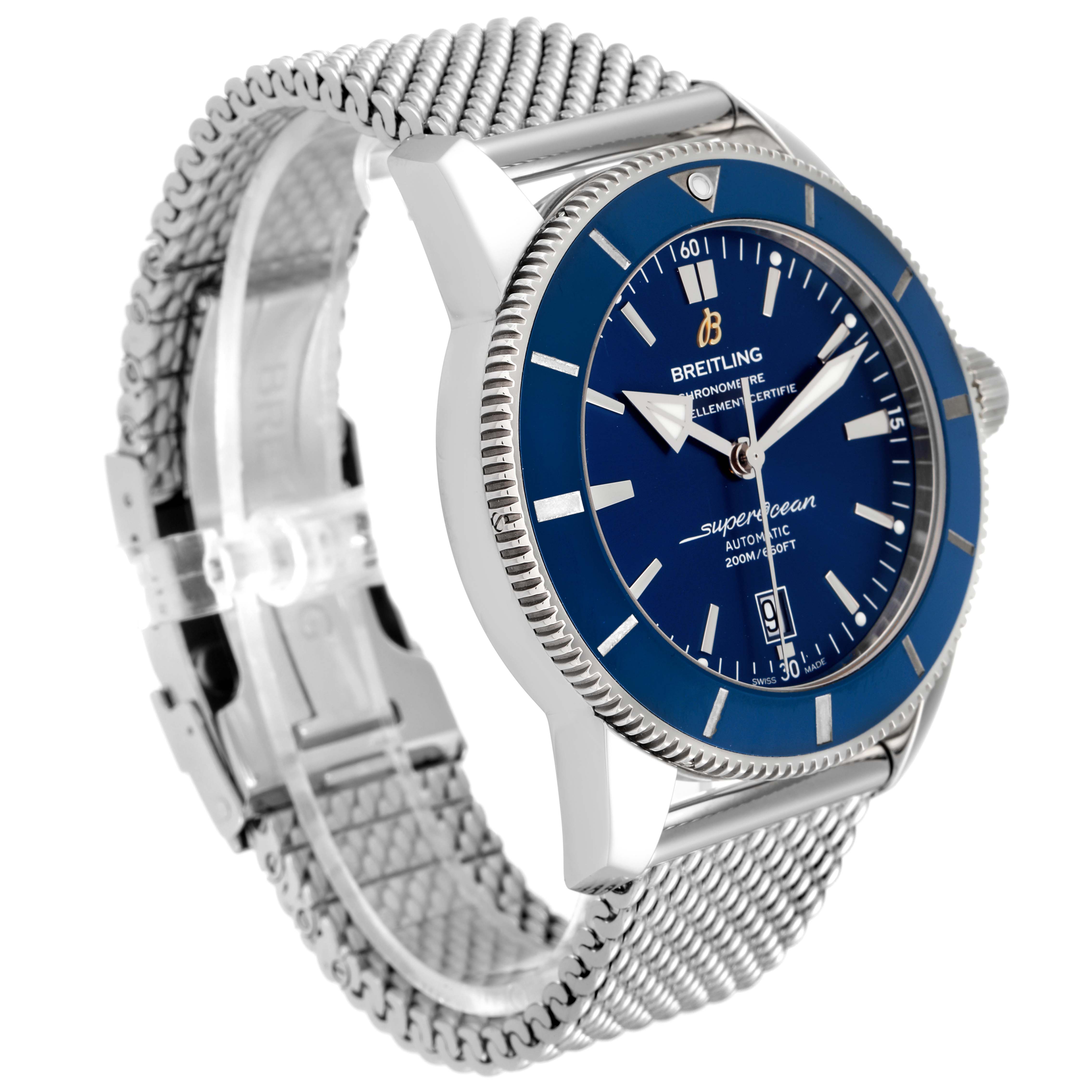 The image shows a side angle of the Breitling Superocean AB202016-C961-152A Men's Stainless Steel Blue Dial AB202016-C961-152A Men's Stainless Steel Blue Dial watch, highlighting the blue dial, stainless steel case, and mesh bracelet.