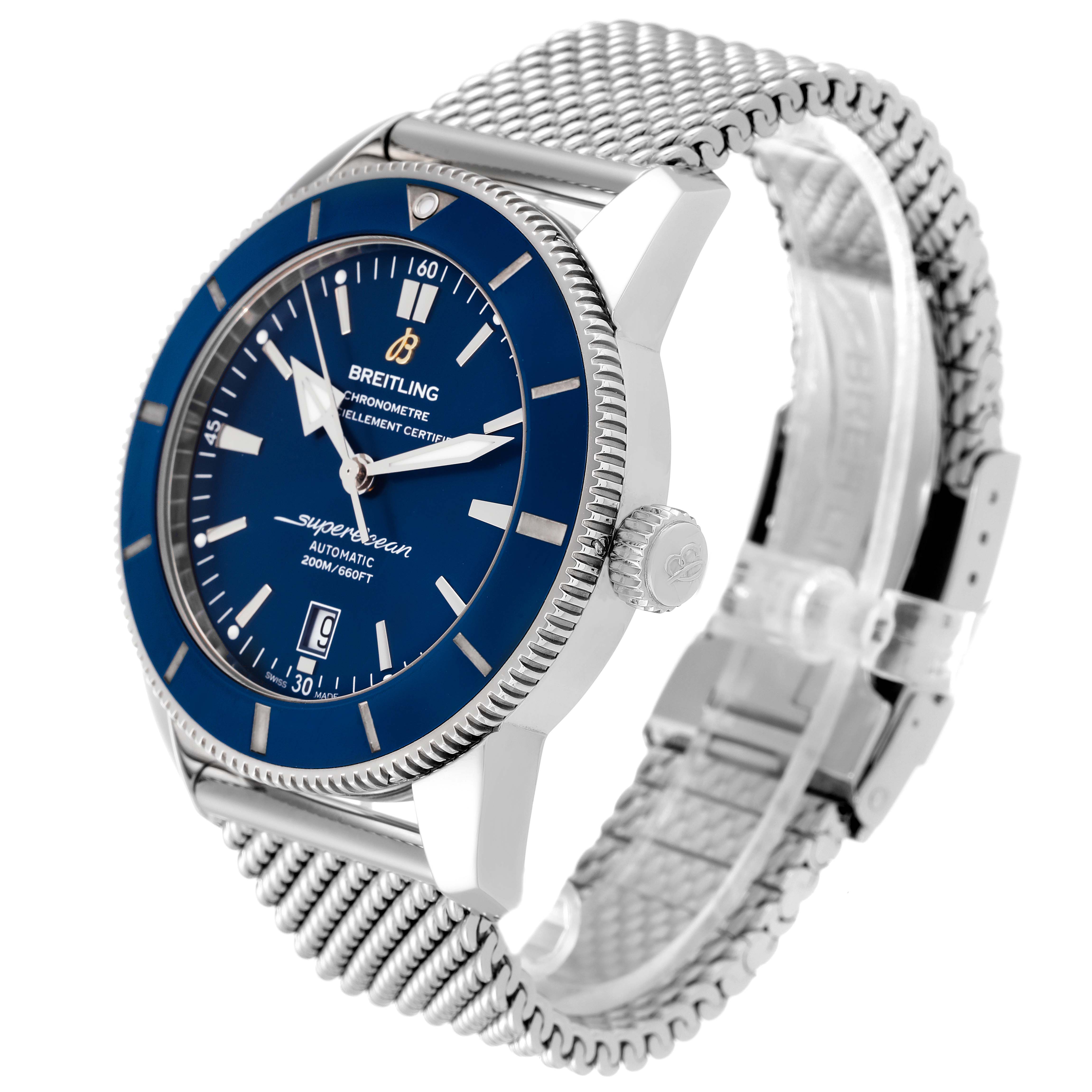 The Breitling Superocean AB202016-C961-152A Men's Stainless Steel Blue Dial AB202016-C961-152A Men's Stainless Steel Blue Dial watch is shown at a side angle highlighting the blue dial, case, crown, and metal mesh bracelet.