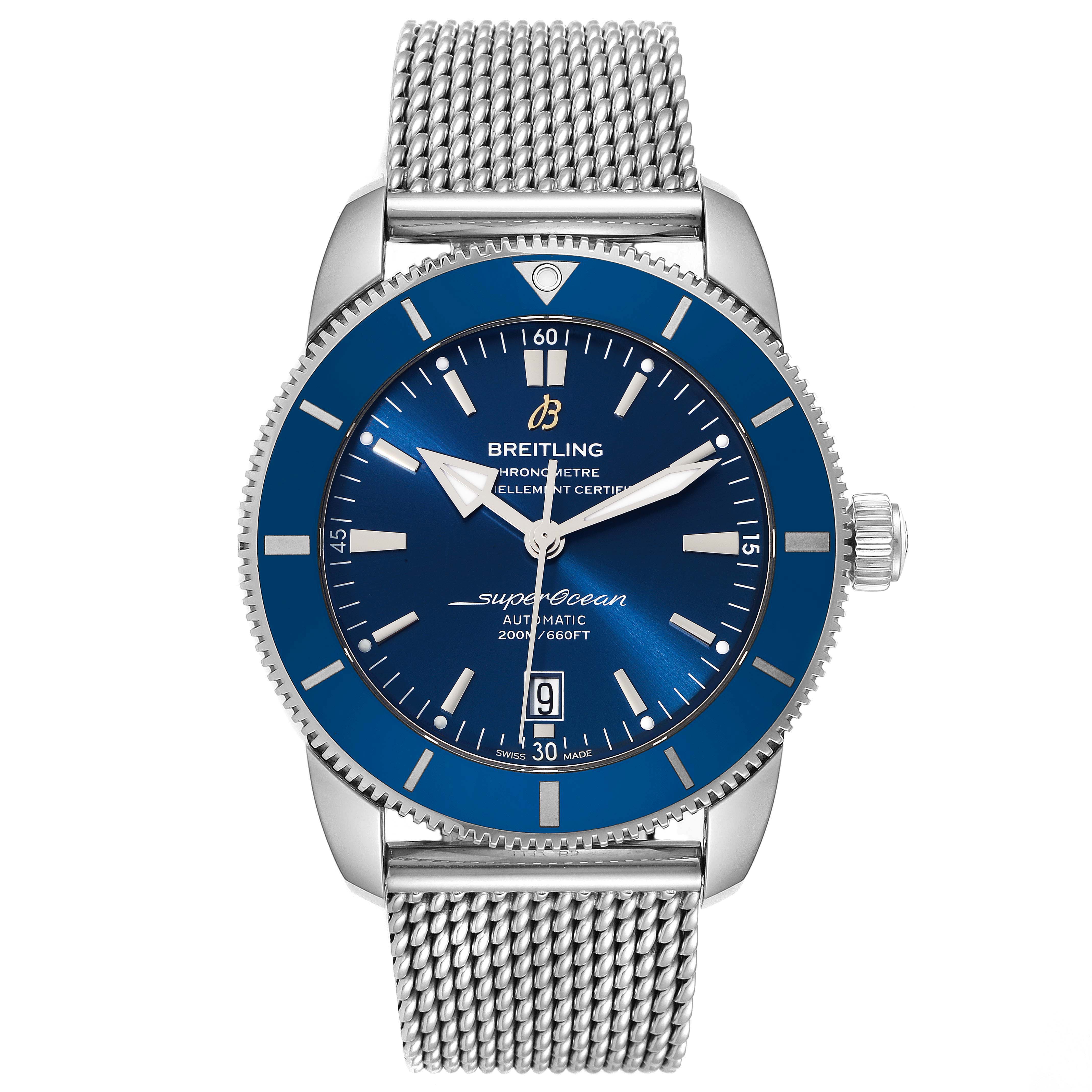 The image shows a front view of a Breitling Superocean AB202016-C961-152A Men's Stainless Steel Blue Dial AB202016-C961-152A Men's Stainless Steel Blue Dial watch featuring a blue dial and a silver mesh bracelet.