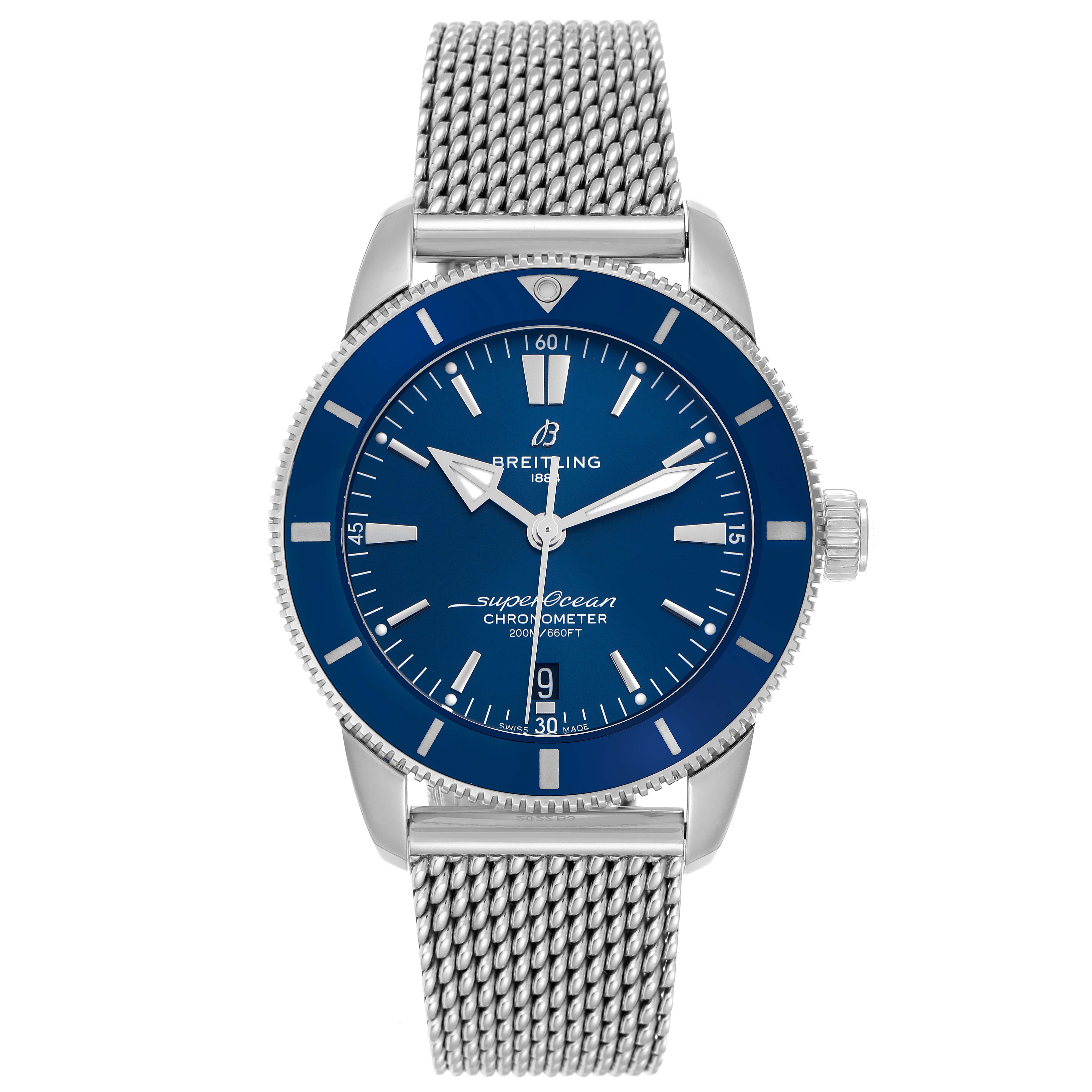 The Breitling Superocean model AB2030161C1A1 is shown from a front angle, displaying its blue dial, bezel, case, and metal mesh strap.