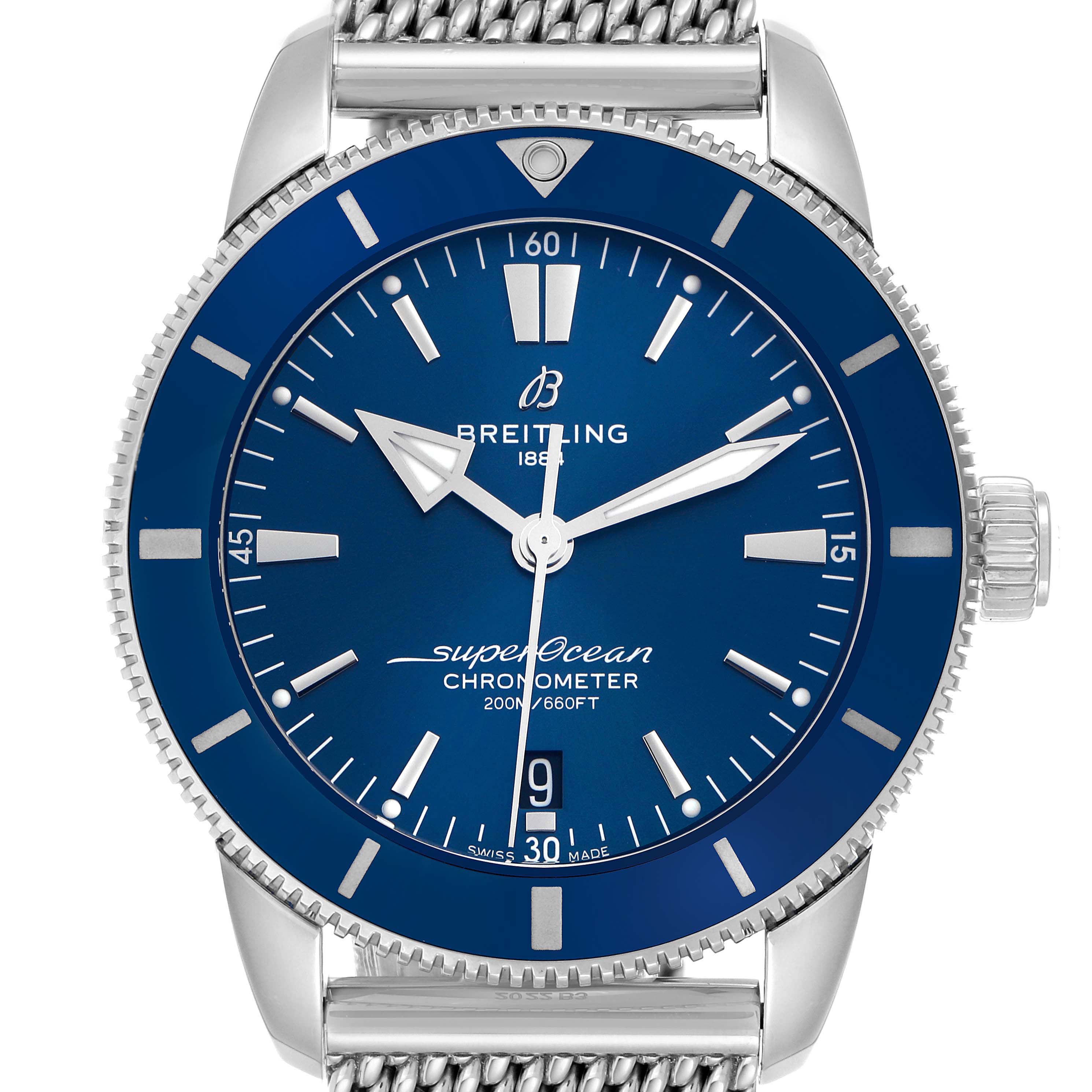The Breitling Superocean model AB2030161C1A1 men's watch is shown from the front, highlighting the blue dial, hour markers, hands, bezel, and mesh band.