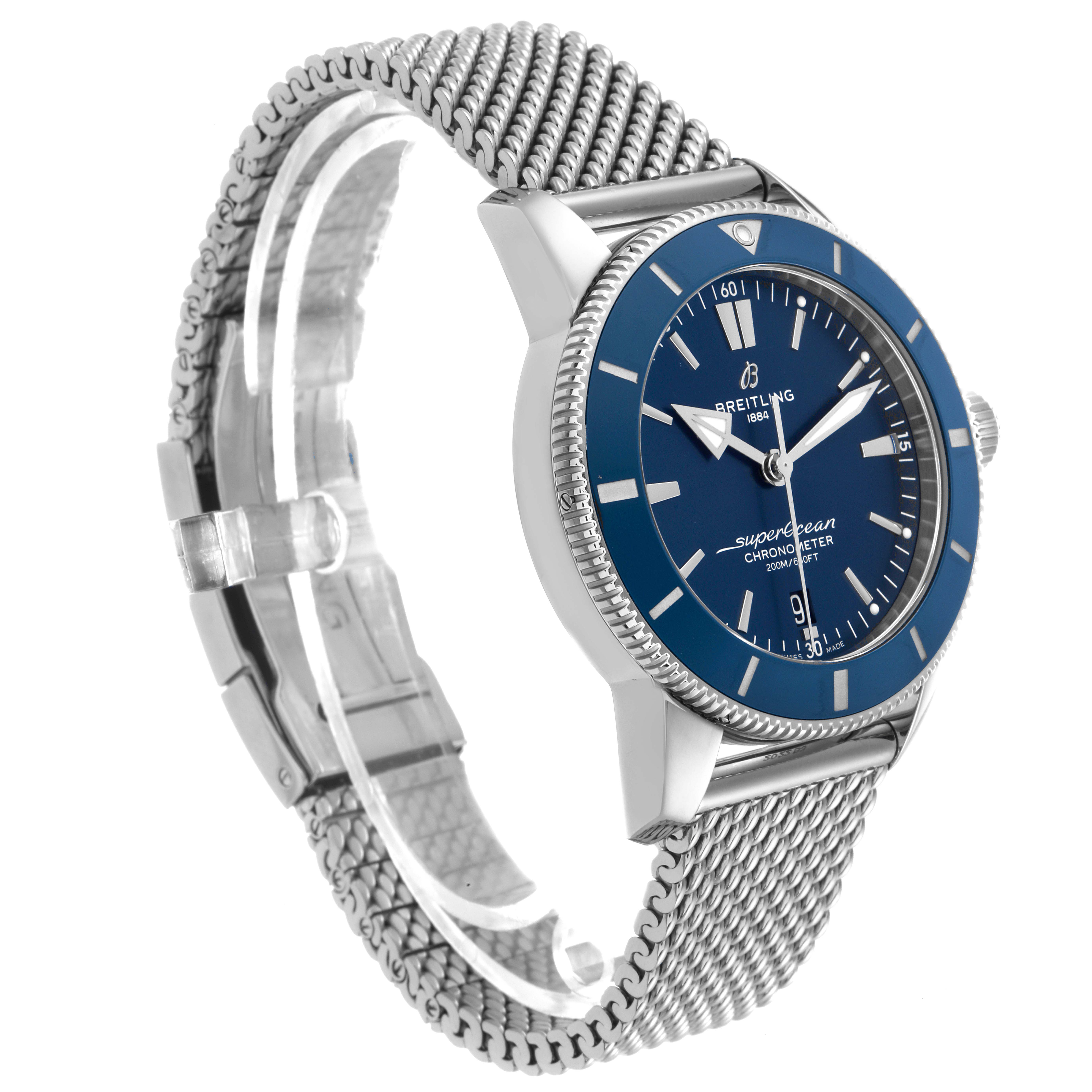 The Breitling Superocean model AB2030161C1A1 is shown at a slight angled view, highlighting the blue dial, bezel, and stainless steel mesh bracelet.