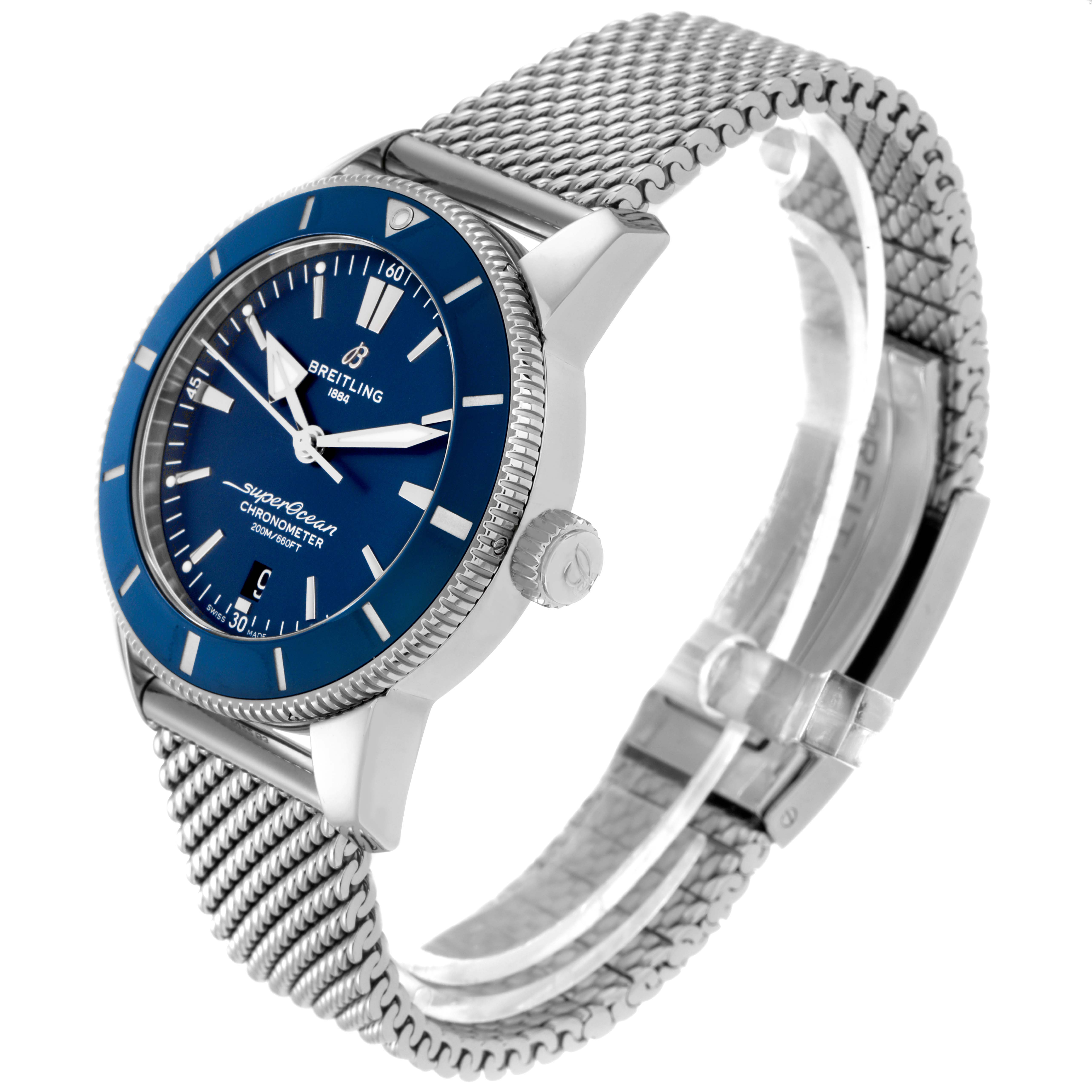 The Breitling Superocean model AB2030161C1A1 is shown at a three-quarter angle, highlighting the face, bezel, crown, and bracelet design.