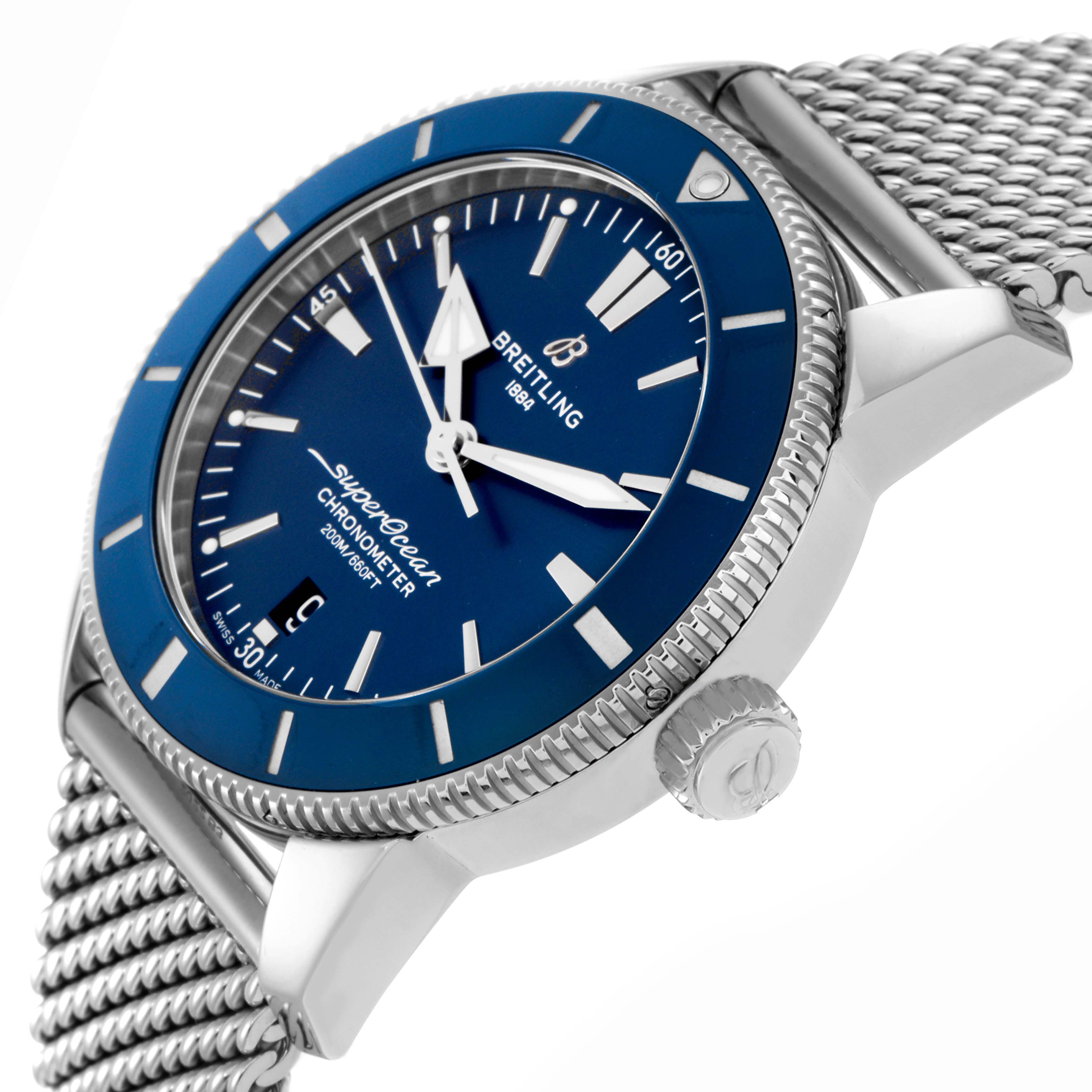 The Breitling Superocean model AB2030161C1A1 is shown at an angle highlighting the blue dial, bezel, case, crown, and stainless steel mesh bracelet.