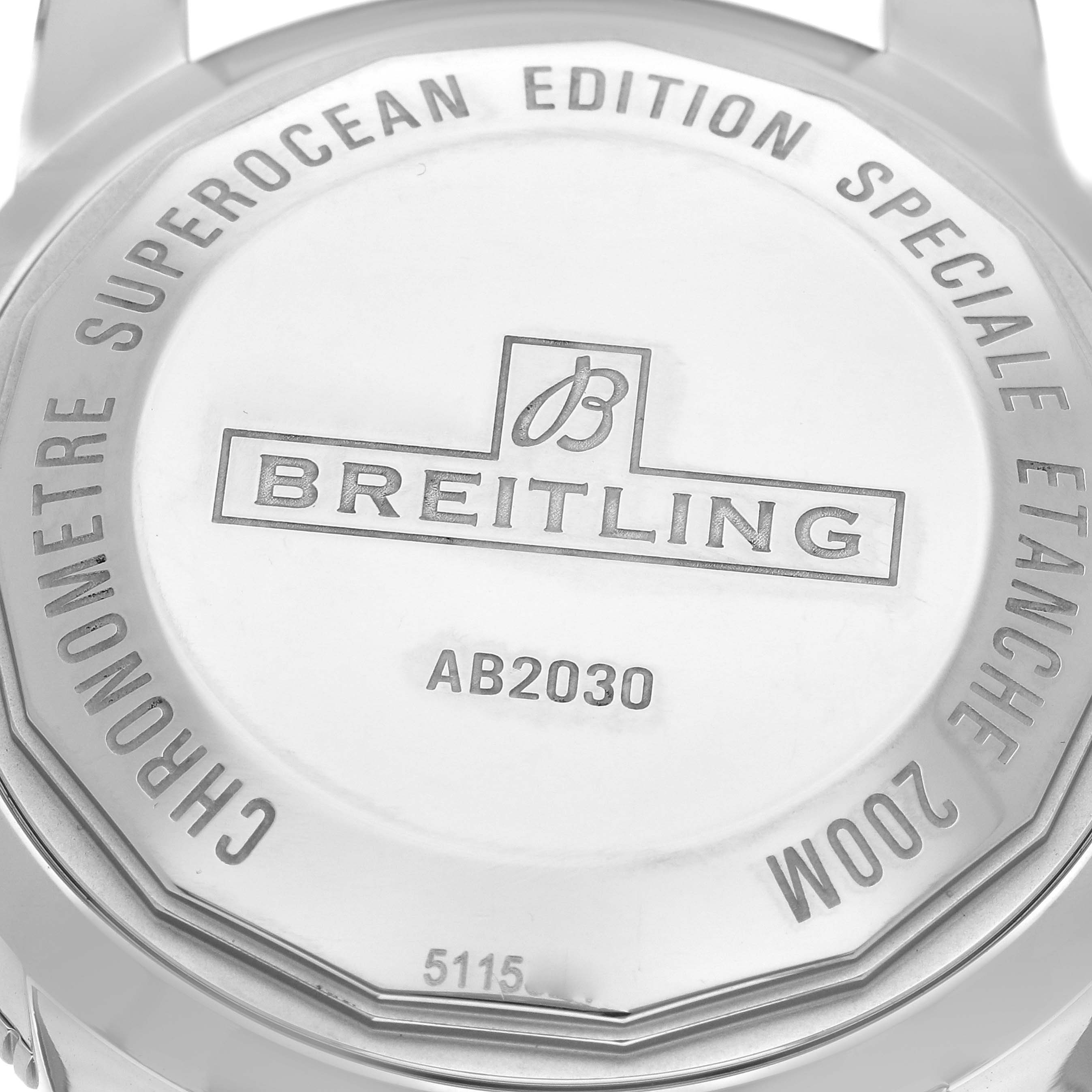 The image shows the back of a Breitling Superocean watch, model number AB2030161C1A1, highlighting the case back with branding and model details.