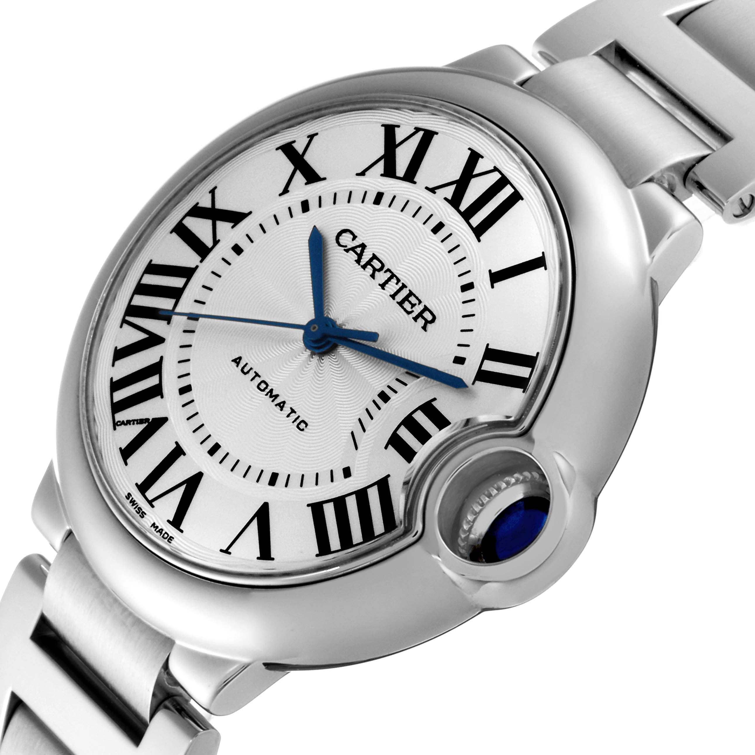This image shows a close-up angle of the dial and part of the bracelet of a Cartier Ballon Bleu W6920046 Women
s Stainless Steel Silver Dial W6920046 Women
s Stainless Steel Silver Dial watch.