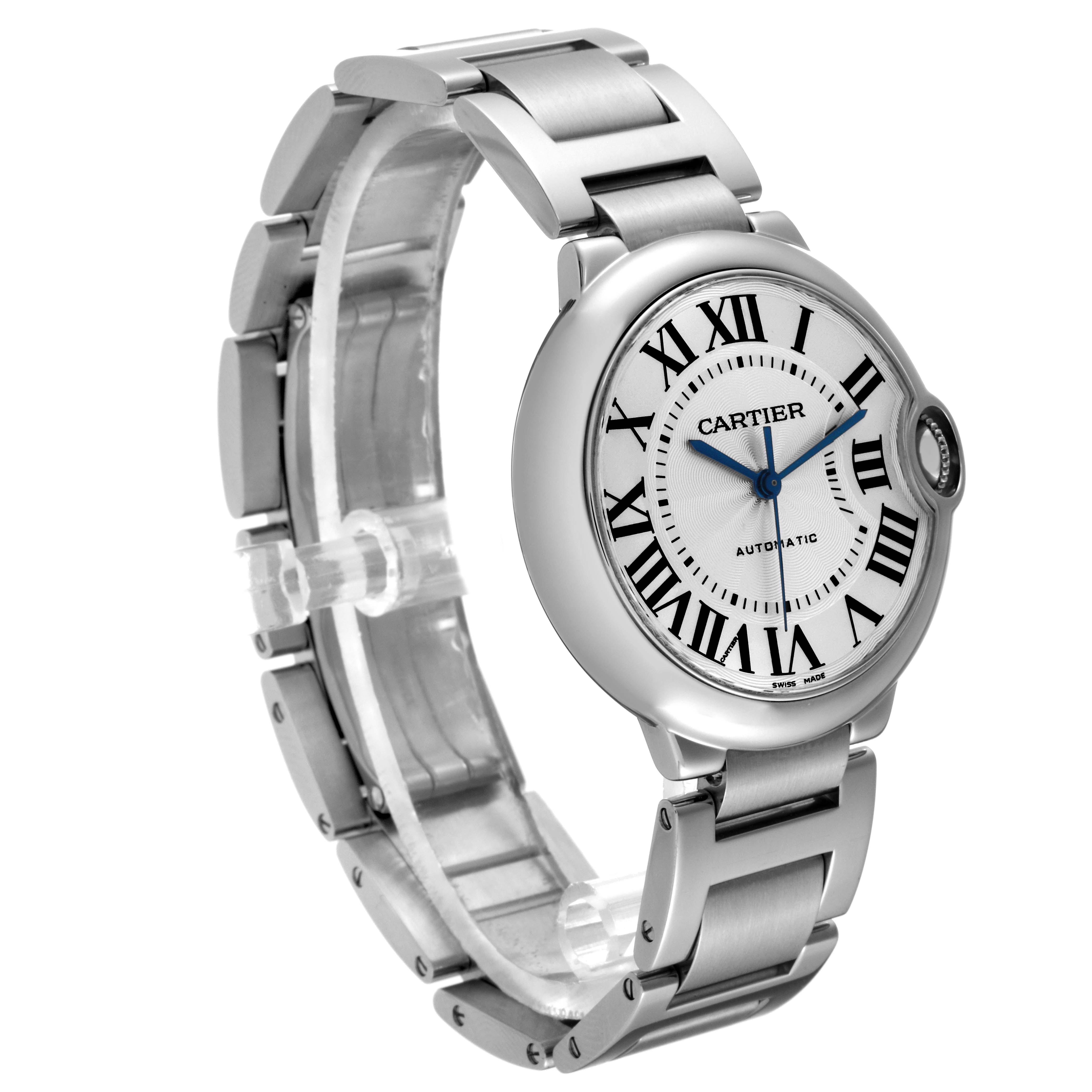 The image shows a side angle of the Ballon Bleu by Cartier, highlighting the watch face and stainless steel bracelet.