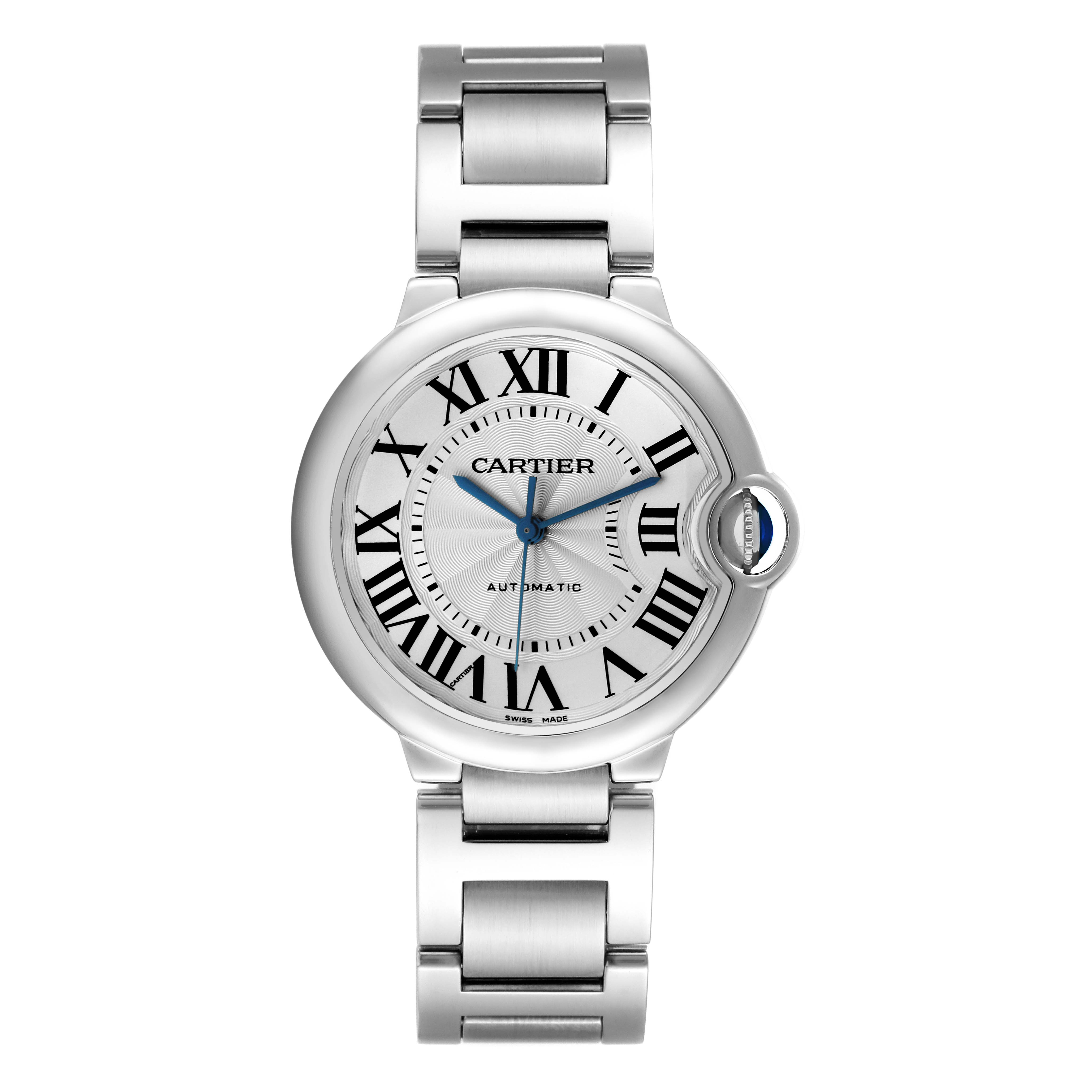 The image shows a front view of the Cartier Ballon Bleu W6920046 Women
s Stainless Steel Silver Dial W6920046 Women
s Stainless Steel Silver Dial watch, highlighting its face, Roman numerals, and metal bracelet.