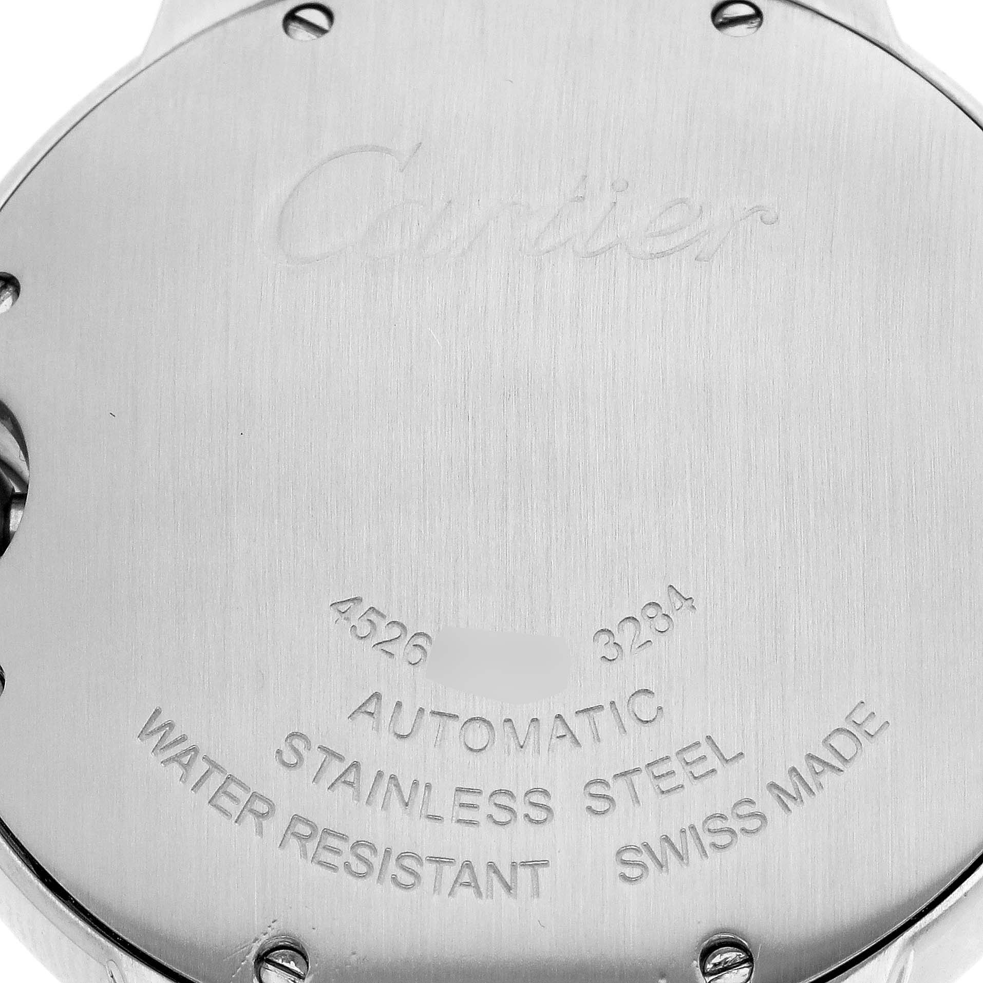 This image shows the back case of the Cartier Ballon Bleu W6920046 Women
s Stainless Steel Silver Dial W6920046 Women
s Stainless Steel Silver Dial watch, displaying model information and material details.