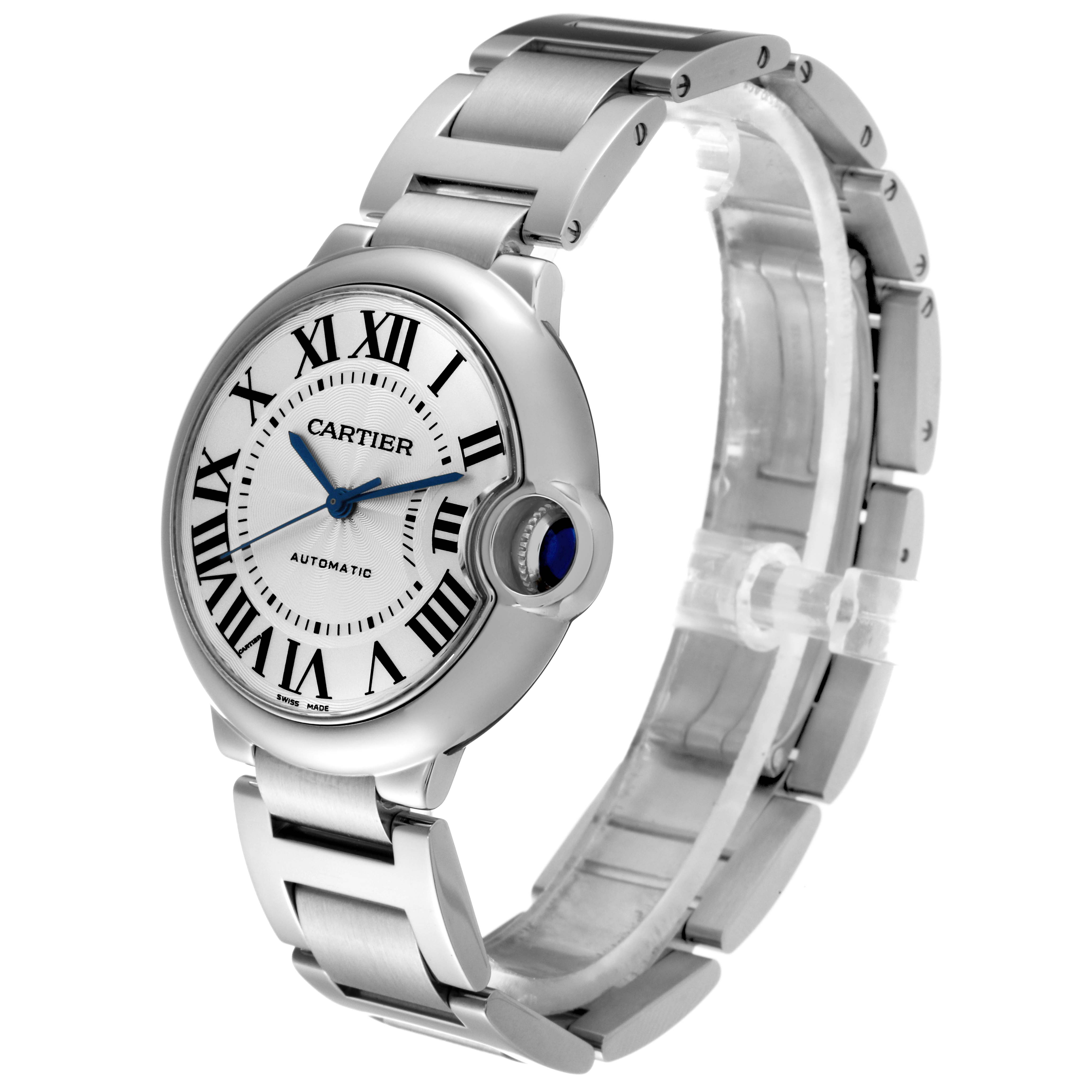 This image shows a Cartier Ballon Bleu W6920046 Women
s Stainless Steel Silver Dial W6920046 Women
s Stainless Steel Silver Dial watch viewed at a slight angle, displaying the face, bracelet, and crown.