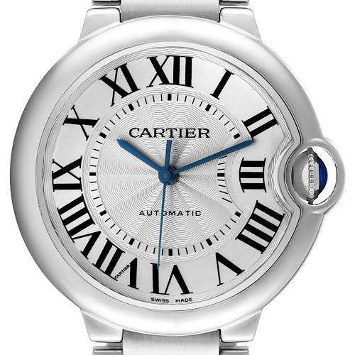 This image shows a close-up of the Cartier Ballon Bleu watch face, highlighting the dial, Roman numerals, and blue hands.