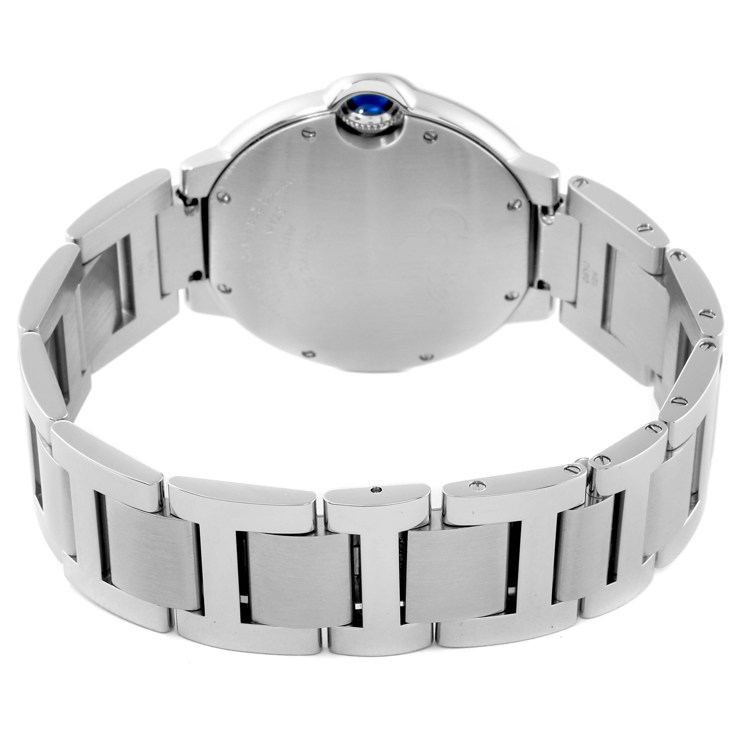 The image shows the back case and bracelet of the Cartier Ballon Bleu W6920046 Women
s Stainless Steel Silver Dial W6920046 Women
s Stainless Steel Silver Dial watch from a rear angle.