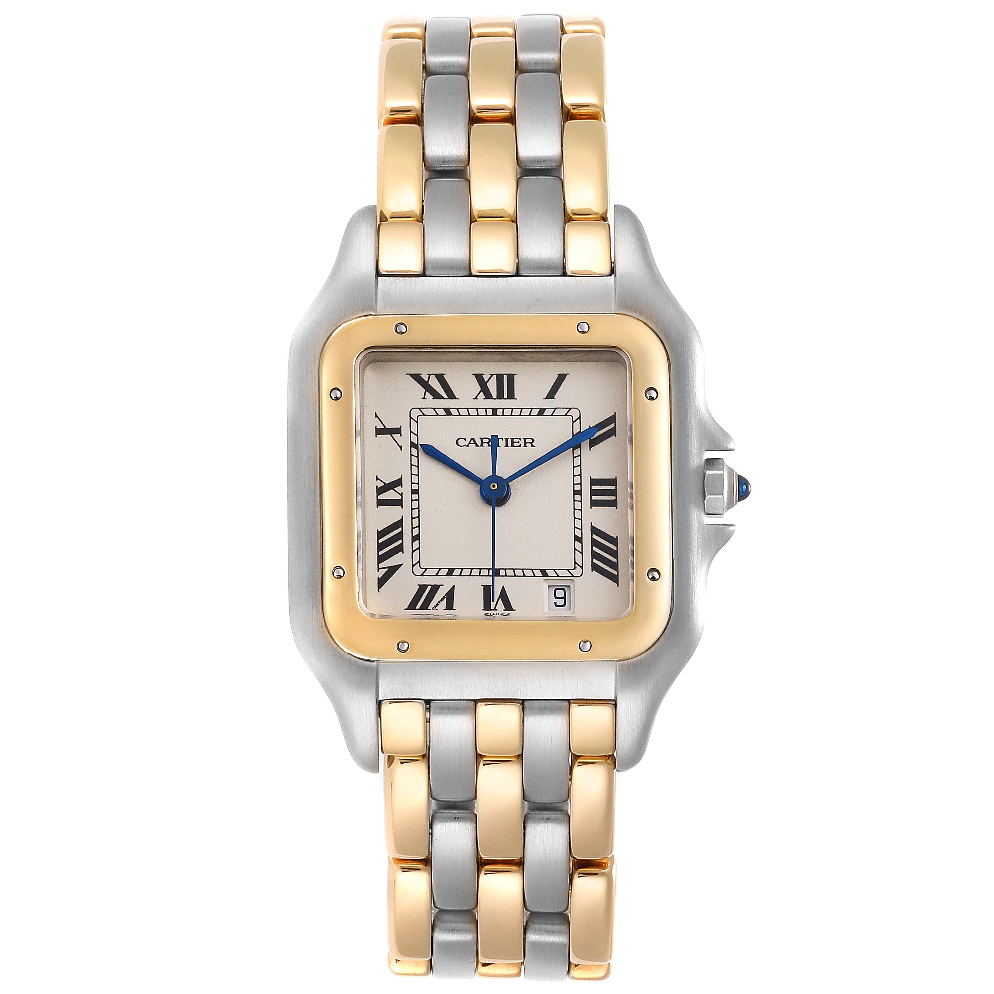 The image shows a front view of the Cartier Panthere W25028B6 Men's Steel and Gold (two tone) Silver Dial W25028B6 Men's Steel and Gold (two tone) Silver Dial watch, highlighting its two-tone bracelet and square dial with Roman numerals.