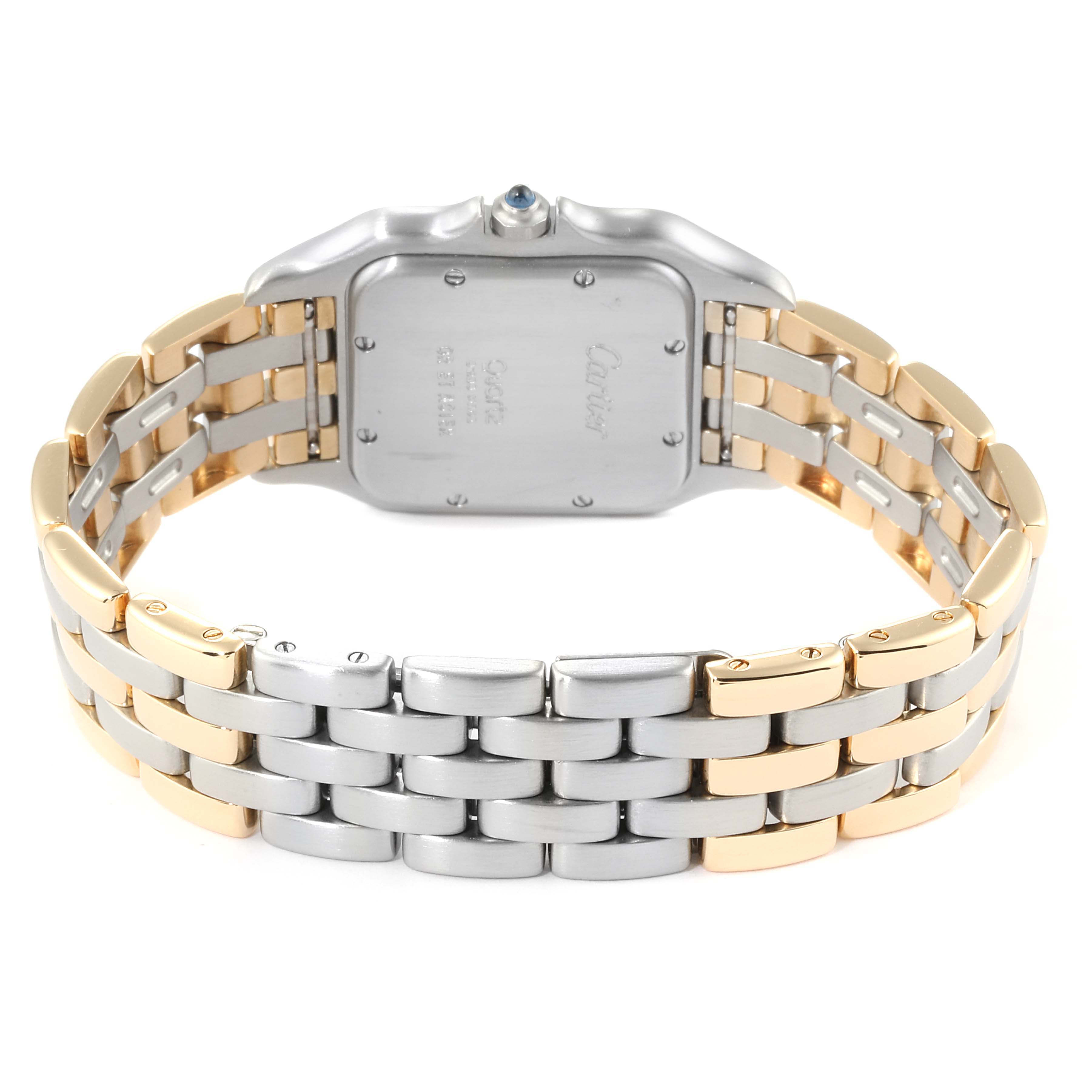 The image shows the back view of a Cartier Panthere W25028B6 Men's Steel and Gold (two tone) Silver Dial W25028B6 Men's Steel and Gold (two tone) Silver Dial watch, displaying its bi-color metal bracelet and case back.