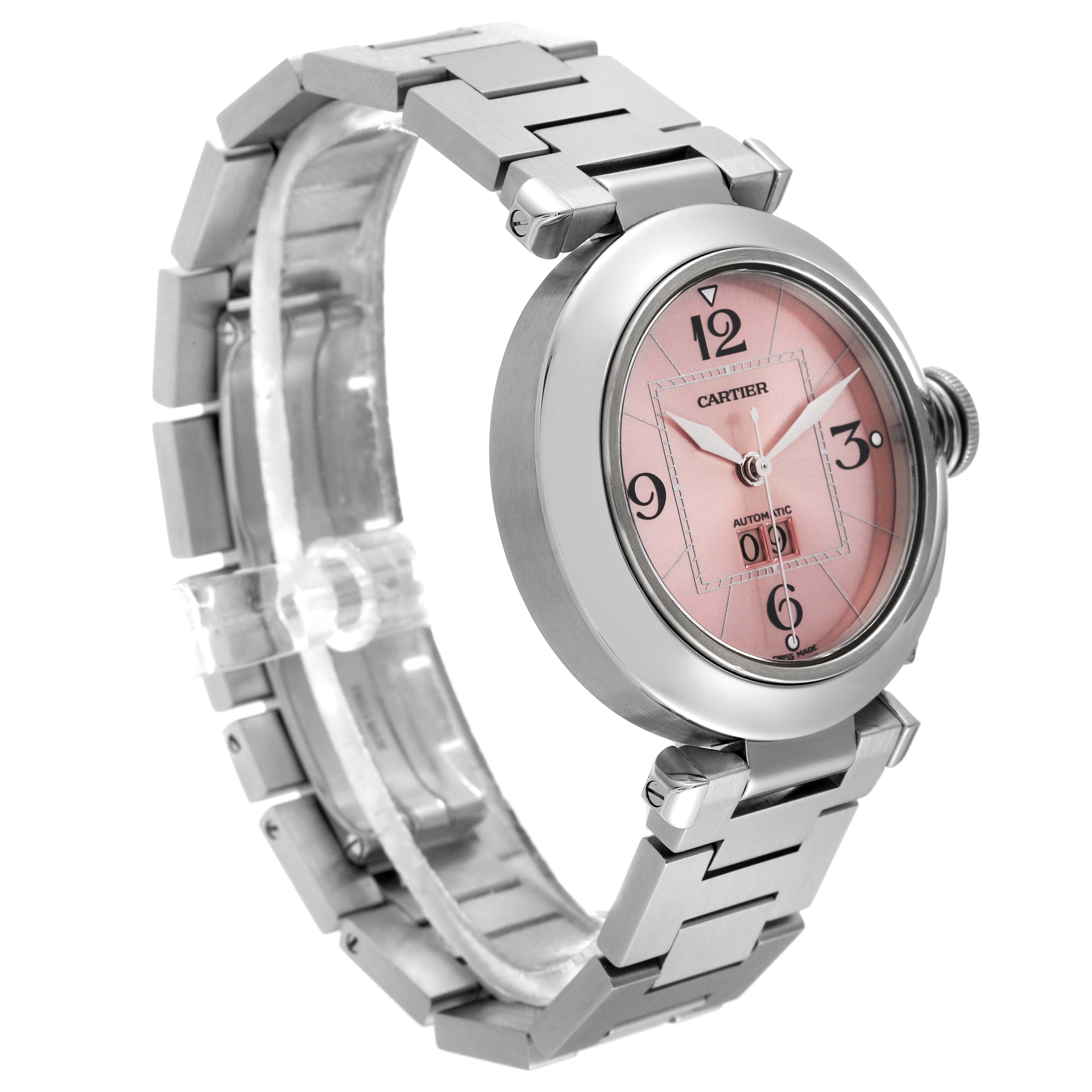 This image shows a side angle of the Cartier Pasha W31058M7 Women's Stainless Steel Pink Dial W31058M7 Women's Stainless Steel Pink Dial model watch, displaying its pink dial, bezel, and metal bracelet.