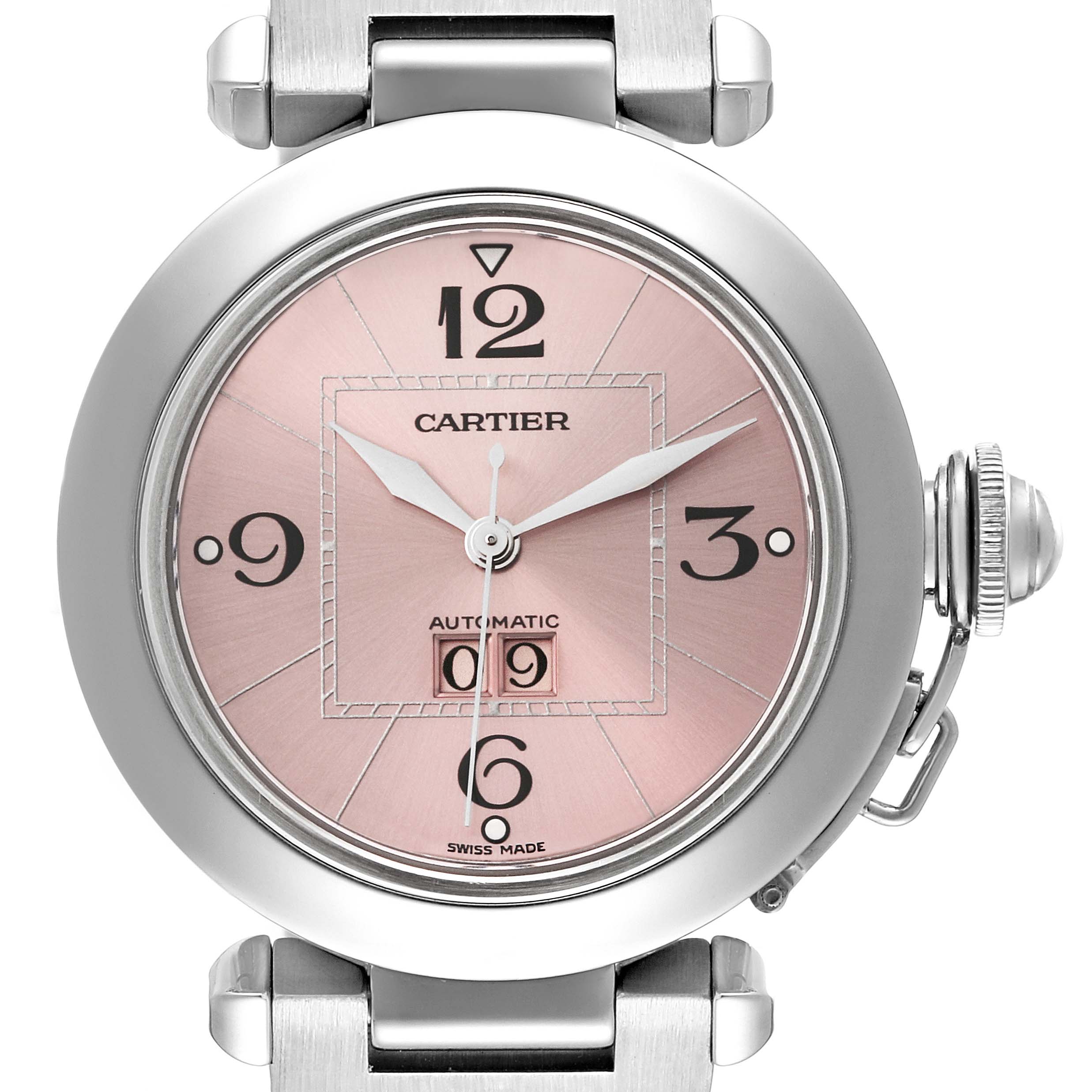 This is a close-up view of the Cartier Pasha W31058M7 Women's Stainless Steel Pink Dial W31058M7 Women's Stainless Steel Pink Dial model watch, showing the face, bezel, and crown.