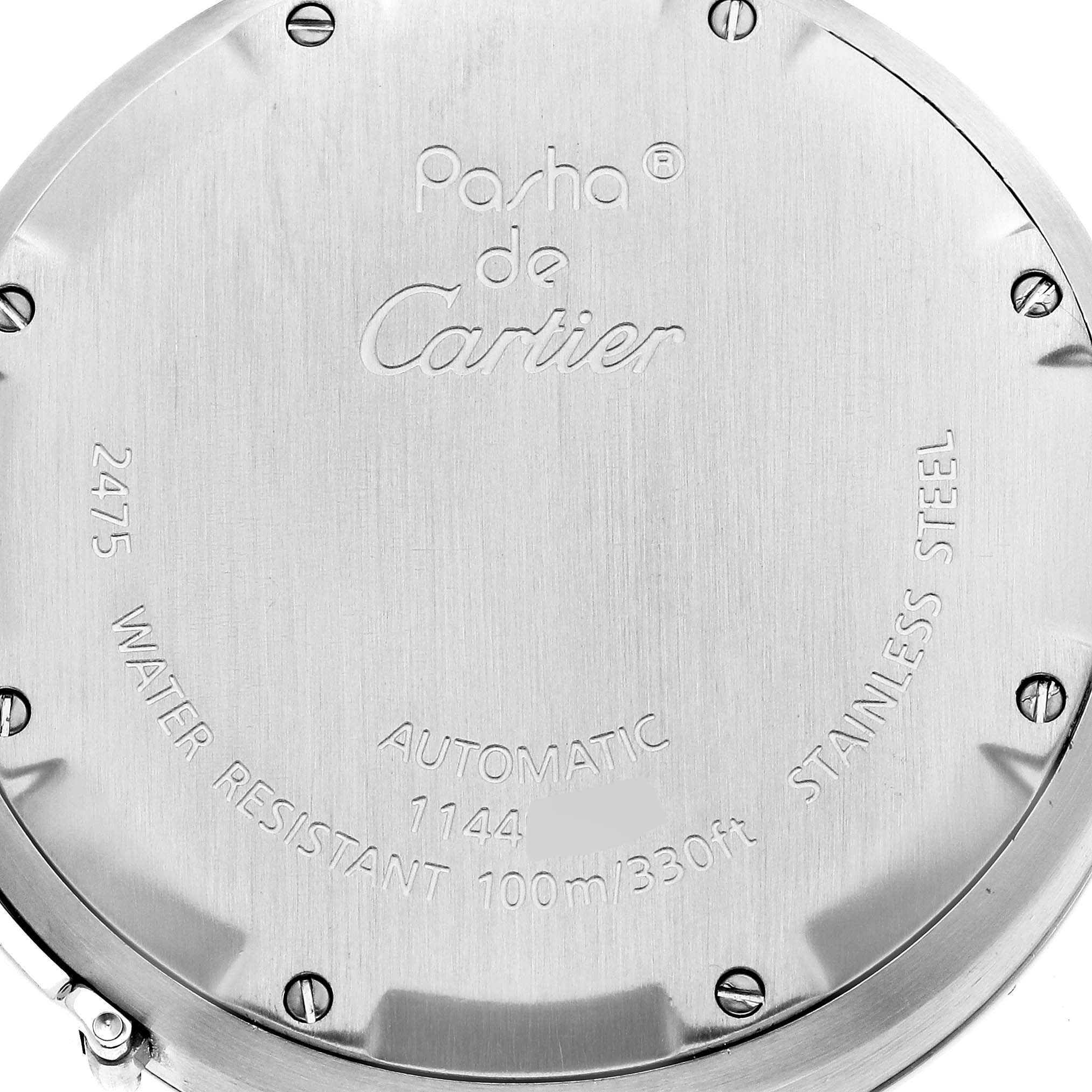 This image shows the back case of the Cartier Pasha W31058M7 Women's Stainless Steel Pink Dial W31058M7 Women's Stainless Steel Pink Dial watch, highlighting details like water resistance and model information.