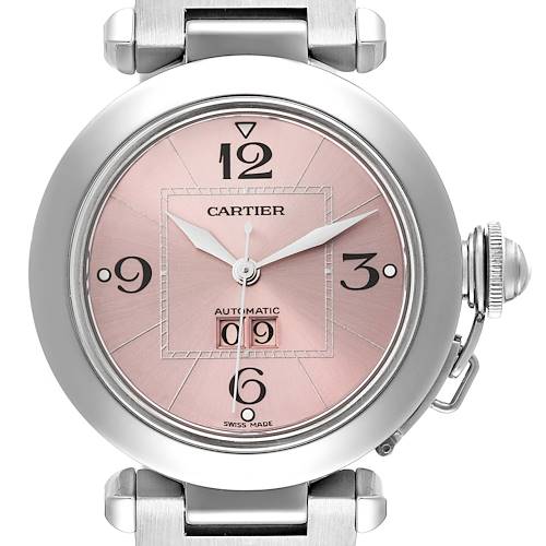 The image shows a front view of a Cartier Pasha watch with a pink dial and visible crown.