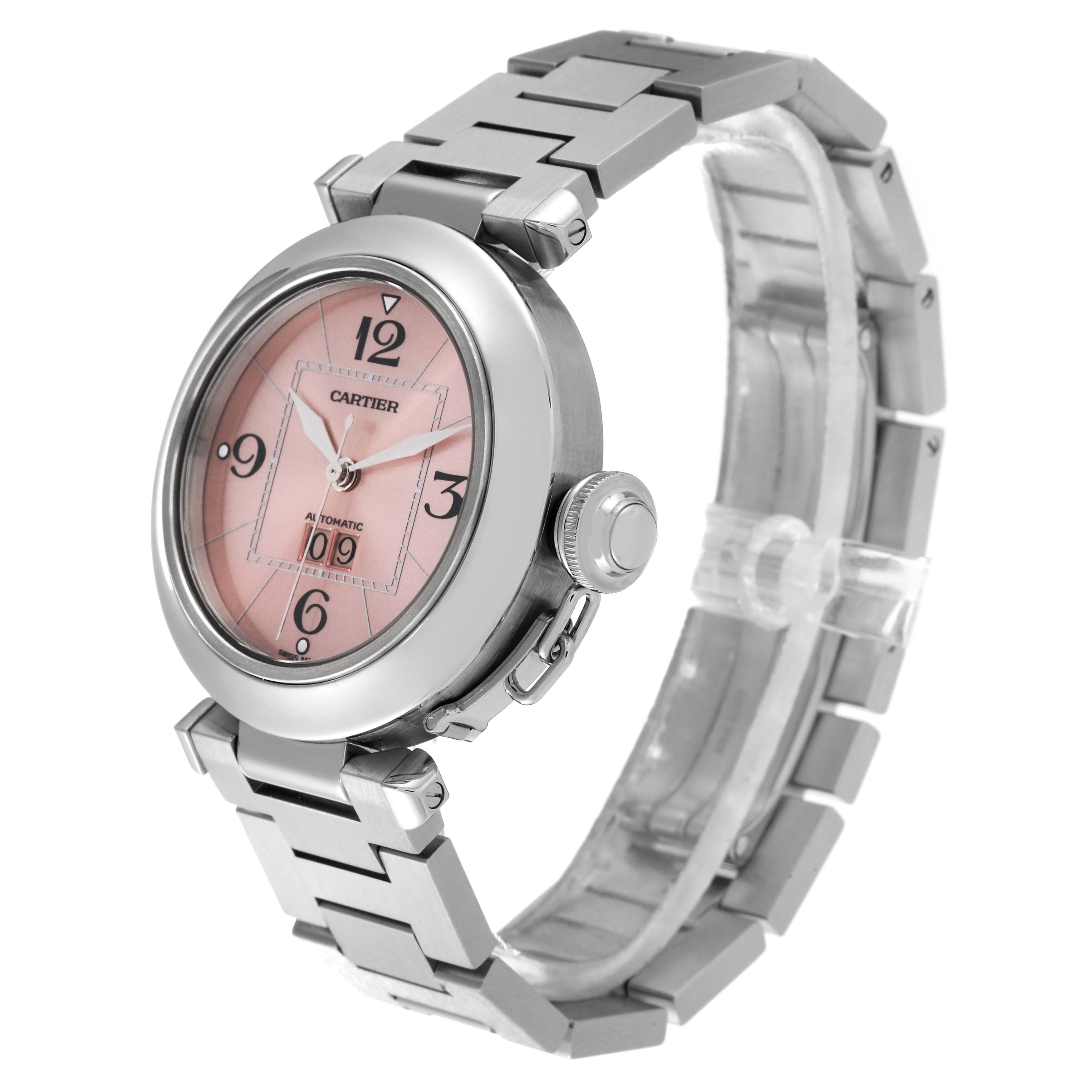 The Cartier Pasha W31058M7 Women's Stainless Steel Pink Dial W31058M7 Women's Stainless Steel Pink Dial watch is shown at an angled side view, displaying the face, crown, and band.