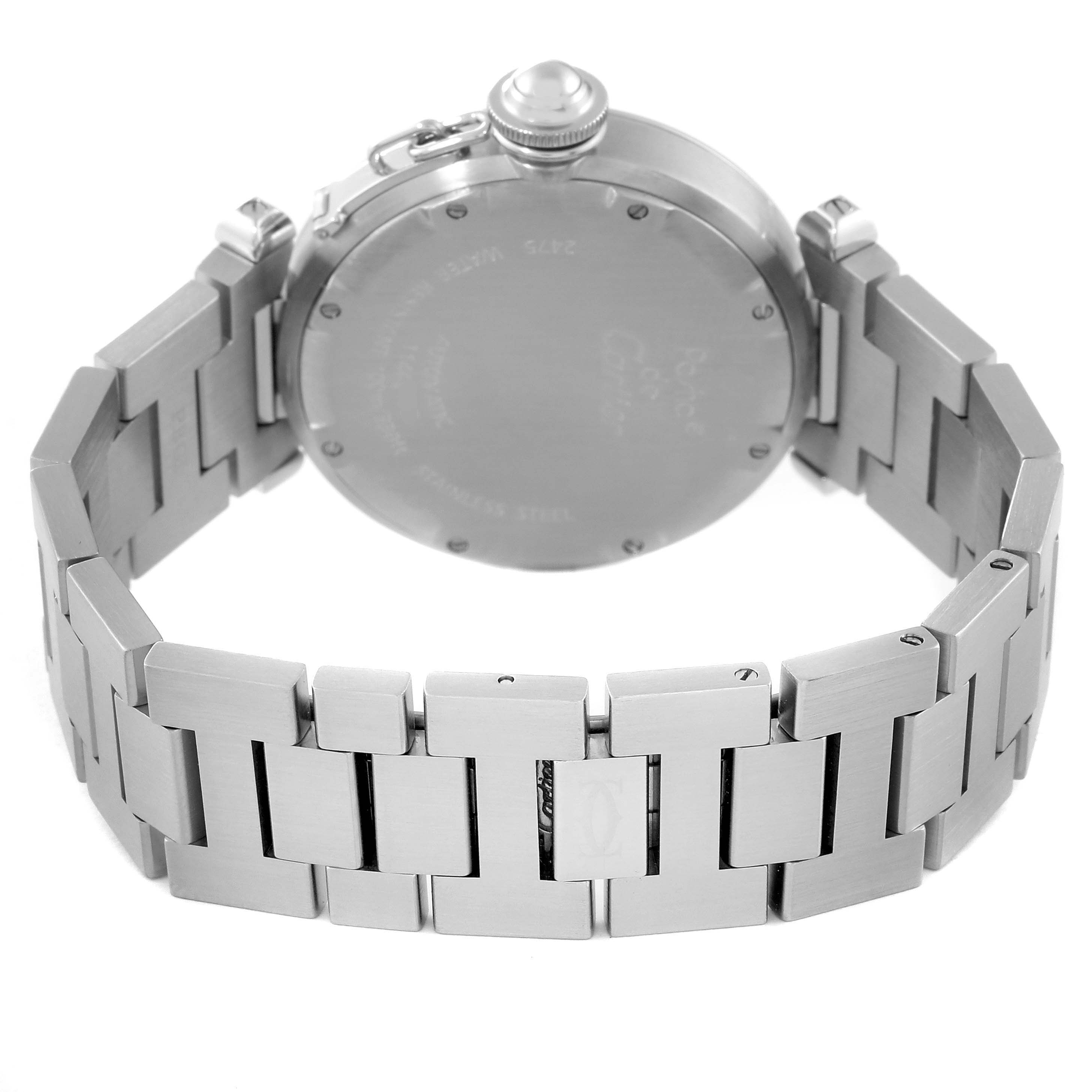 The image shows the back and bracelet of the Pasha model by Cartier, taken from a rear angle.