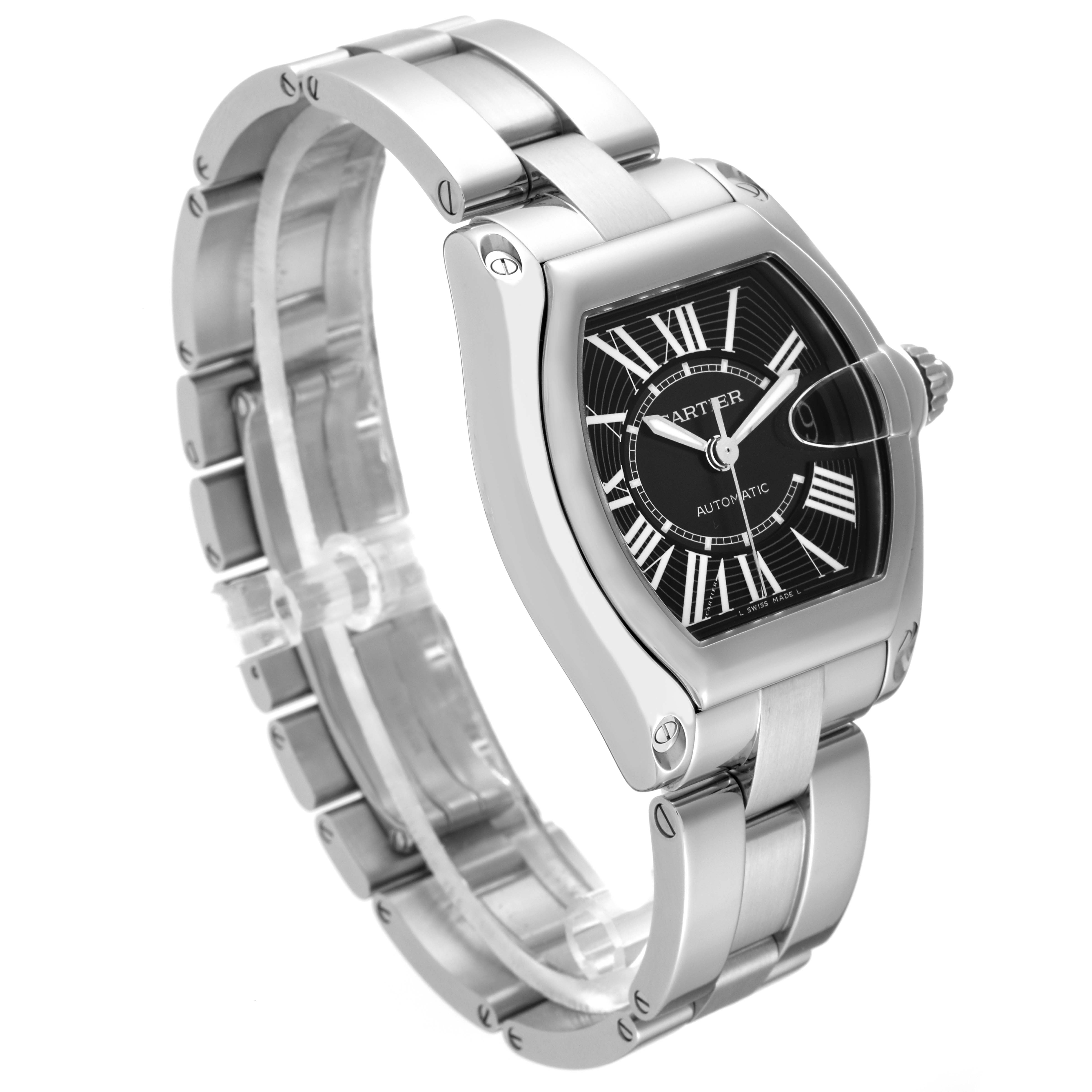 This is a side angle view showing the full metal bracelet and rectangular face of the Cartier Roadster W62041V3 Men's Stainless Steel Black Dial W62041V3 Men's Stainless Steel Black Dial watch.