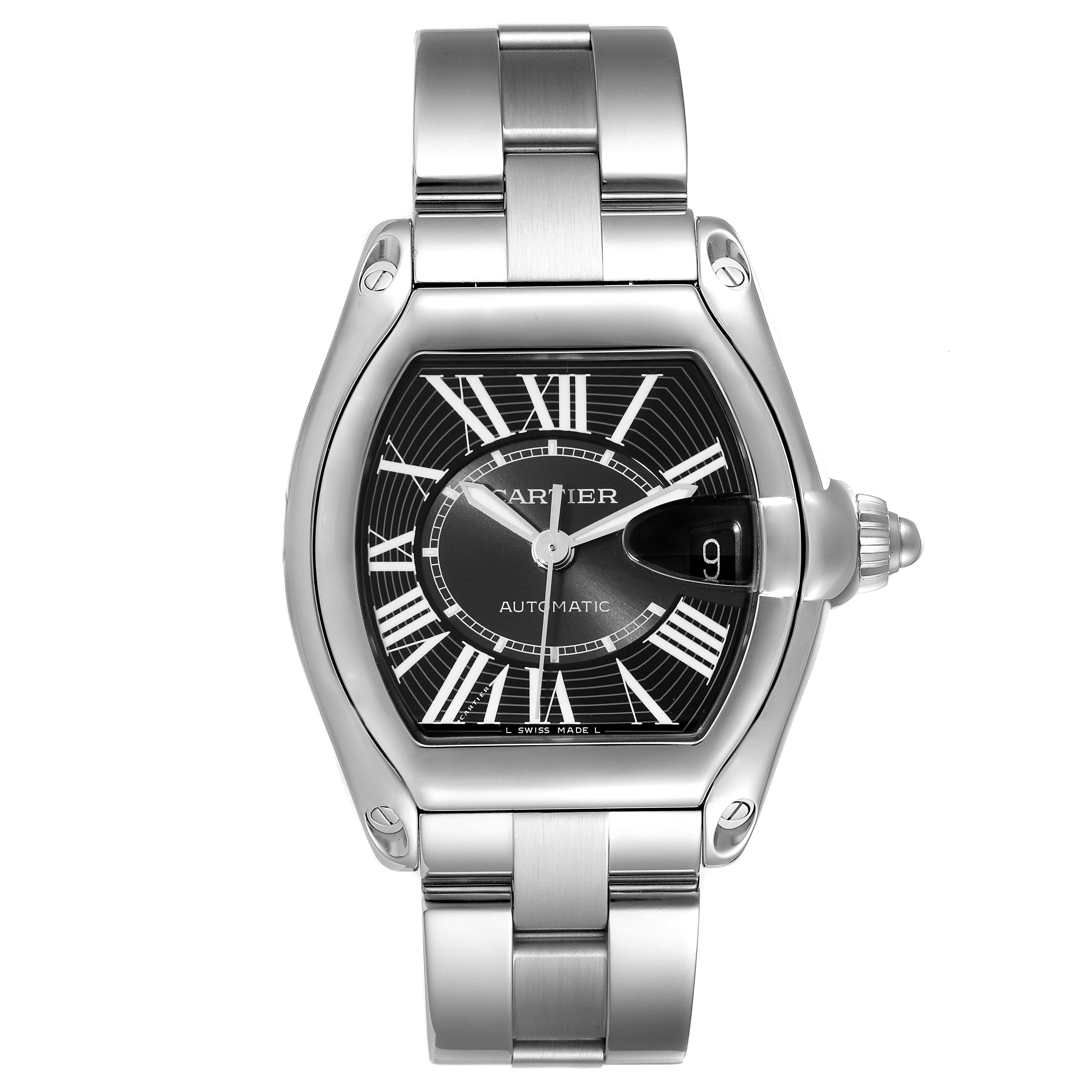The image shows the front view of the Cartier Roadster W62041V3 Men's Stainless Steel Black Dial W62041V3 Men's Stainless Steel Black Dial watch, highlighting the face, hands, date window, and bracelet.