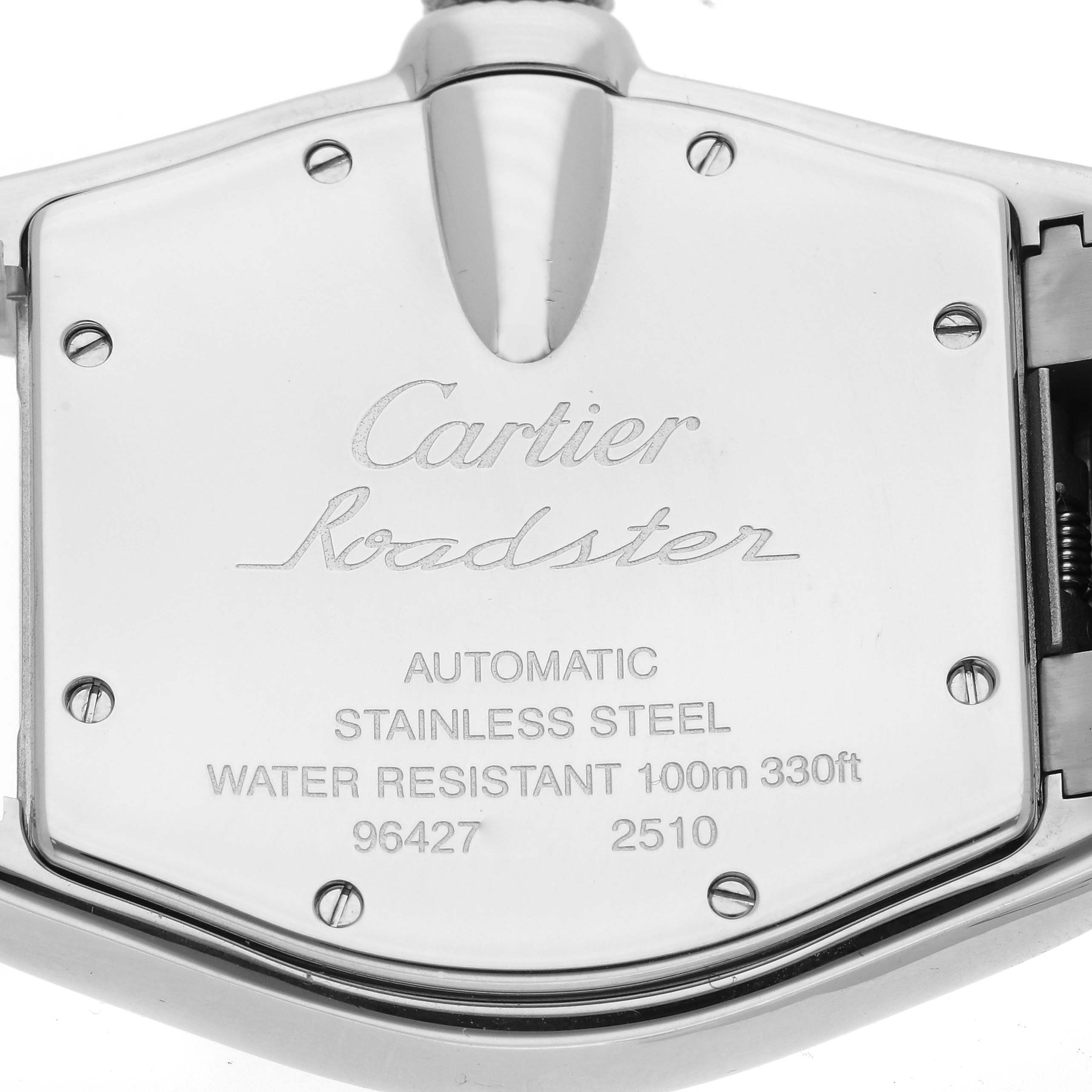 This image shows the back casing of a Cartier Roadster W62041V3 Men's Stainless Steel Black Dial W62041V3 Men's Stainless Steel Black Dial watch, featuring the model name, specifications, and serial numbers.