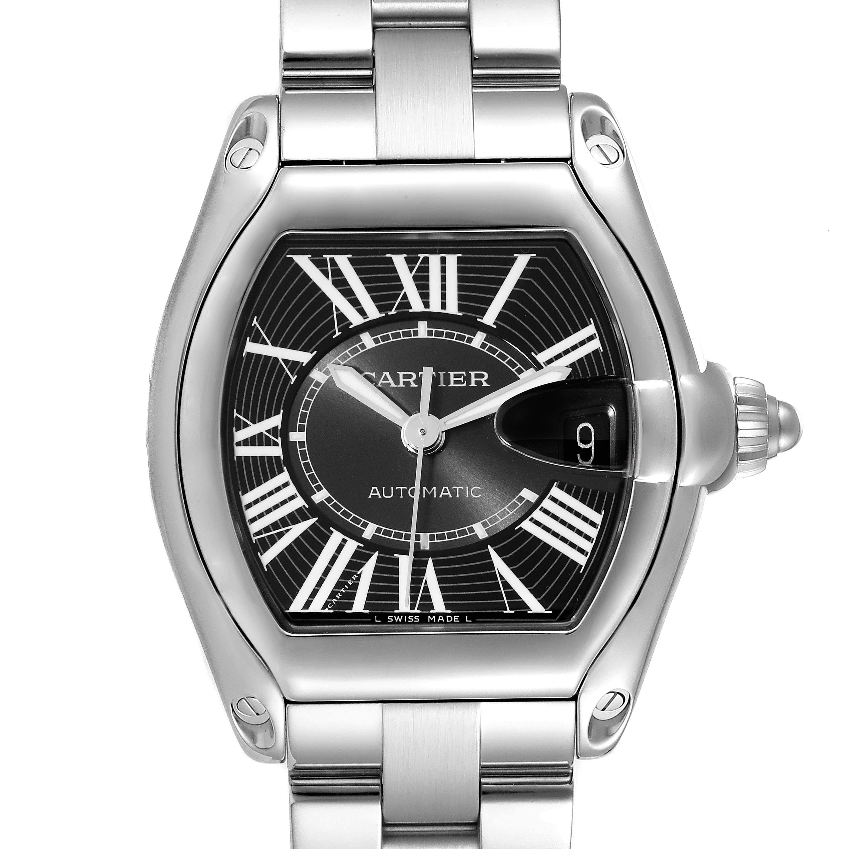 This image shows a front view of the Cartier Roadster W62041V3 Men's Stainless Steel Black Dial W62041V3 Men's Stainless Steel Black Dial model watch, highlighting its face and part of its bracelet.
