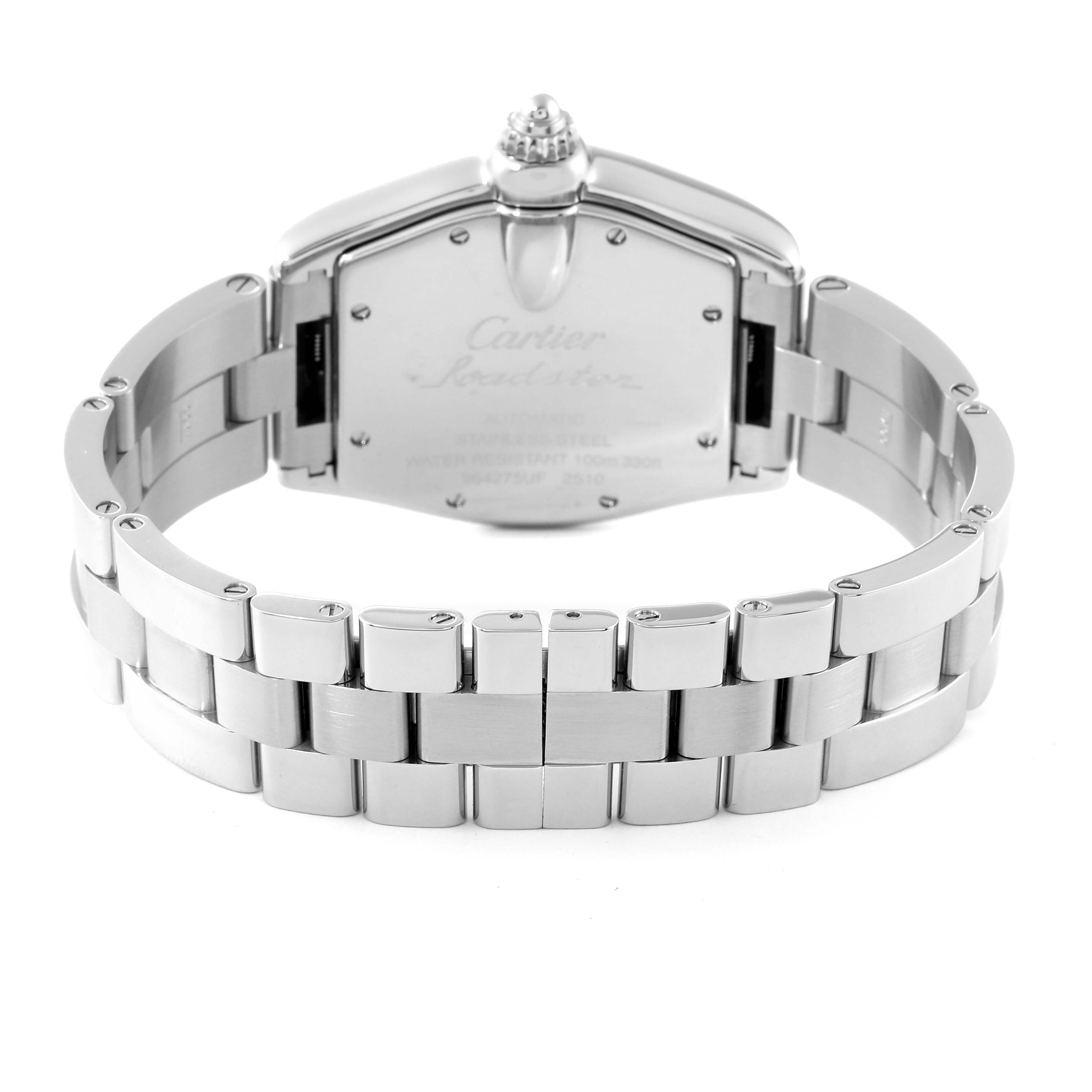 The image shows the back view of a Cartier Roadster W62041V3 Men's Stainless Steel Black Dial W62041V3 Men's Stainless Steel Black Dial watch, focusing on the caseback and stainless steel bracelet.