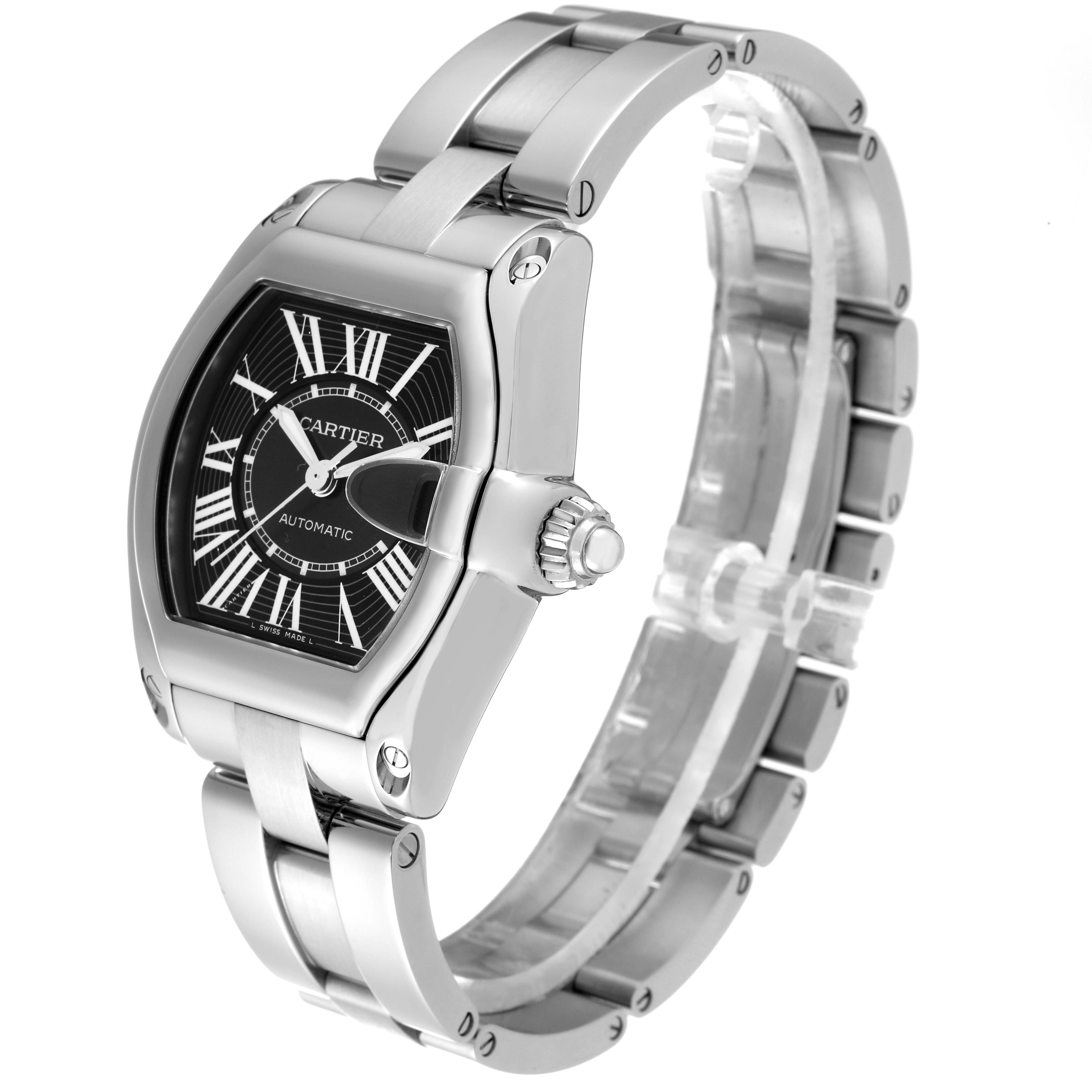 This image shows a Cartier Roadster W62041V3 Men's Stainless Steel Black Dial W62041V3 Men's Stainless Steel Black Dial watch from a three-quarter angle, highlighting the watch face, bezel, and bracelet.