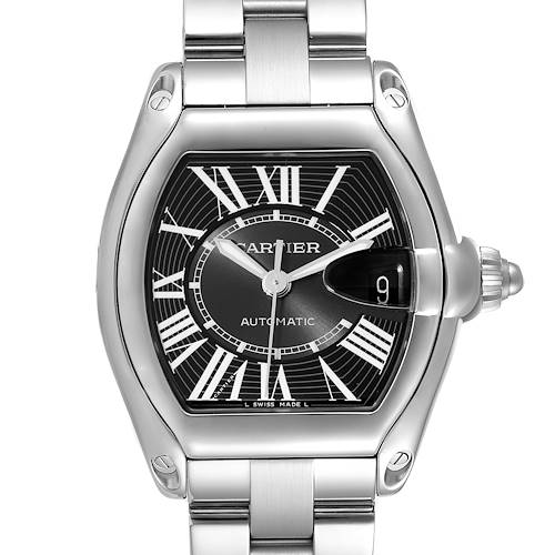 The image shows a front view of the Cartier Roadster watch, highlighting the dial, case, and part of the bracelet.