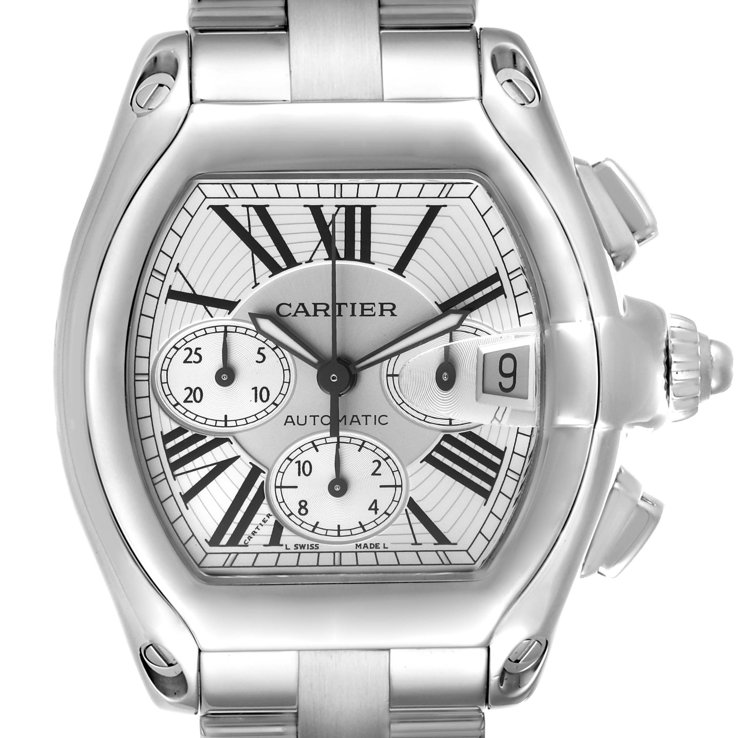 The image shows a frontal view of the Cartier Roadster W62019X6 Men
s Stainless Steel Silver Dial W62019X6 Men
s Stainless Steel Silver Dial watch, highlighting the dial, subdials, and date window.