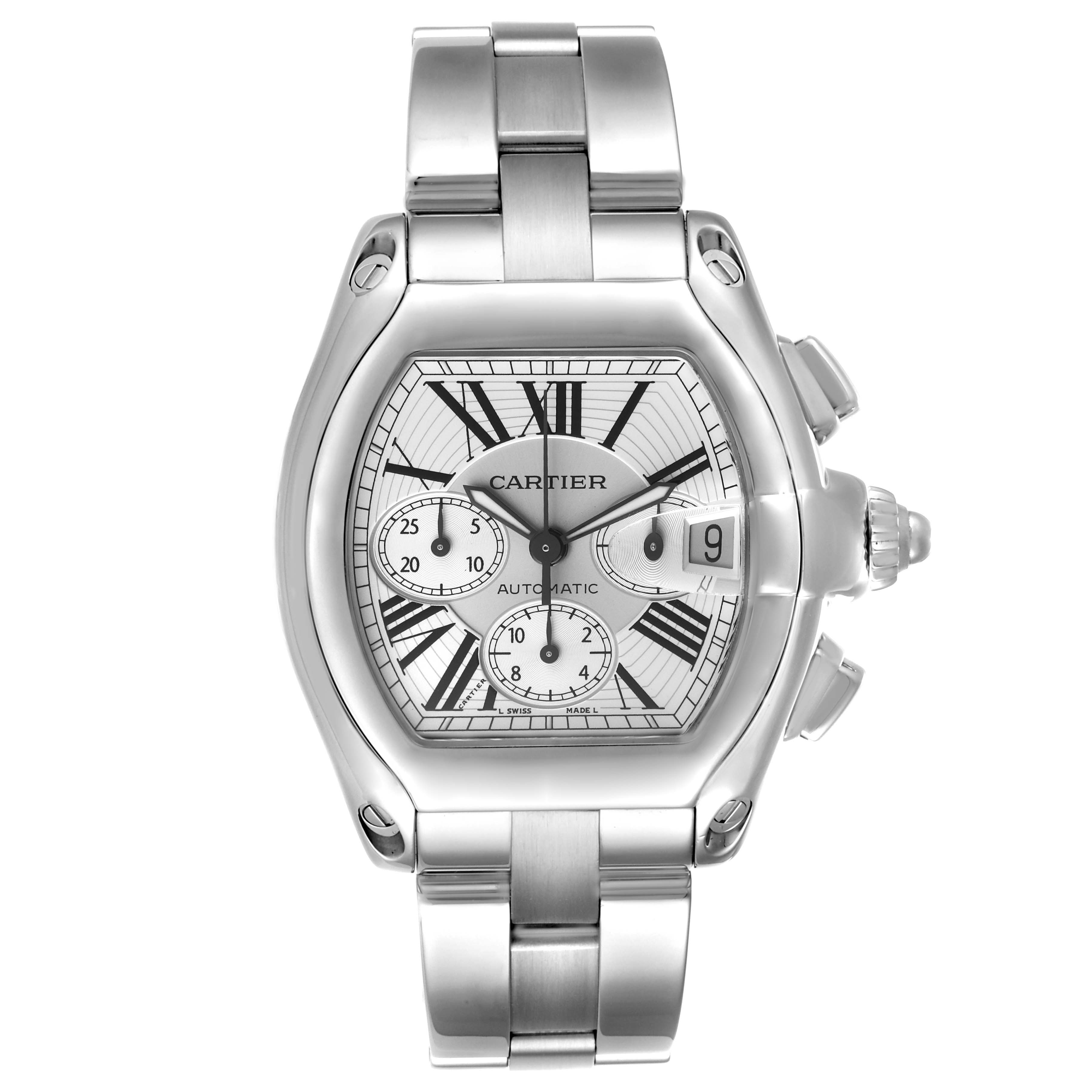 The image shows a Cartier Roadster W62019X6 Men
s Stainless Steel Silver Dial W62019X6 Men
s Stainless Steel Silver Dial watch from a front angle, displaying its face, bracelet, and side buttons.