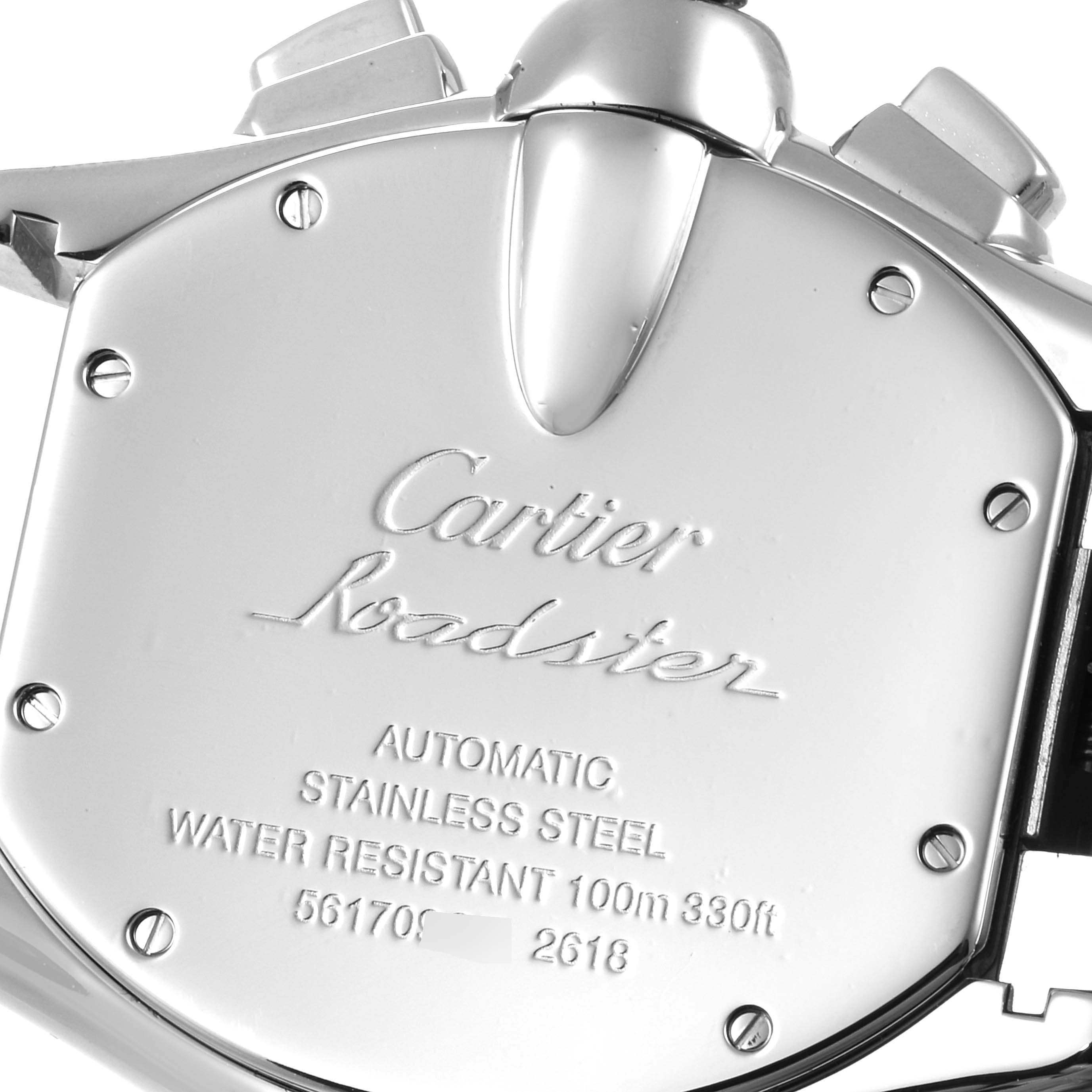 The image shows the back case of a Cartier Roadster W62019X6 Men
s Stainless Steel Silver Dial W62019X6 Men
s Stainless Steel Silver Dial watch, highlighting its branding and water resistance details.