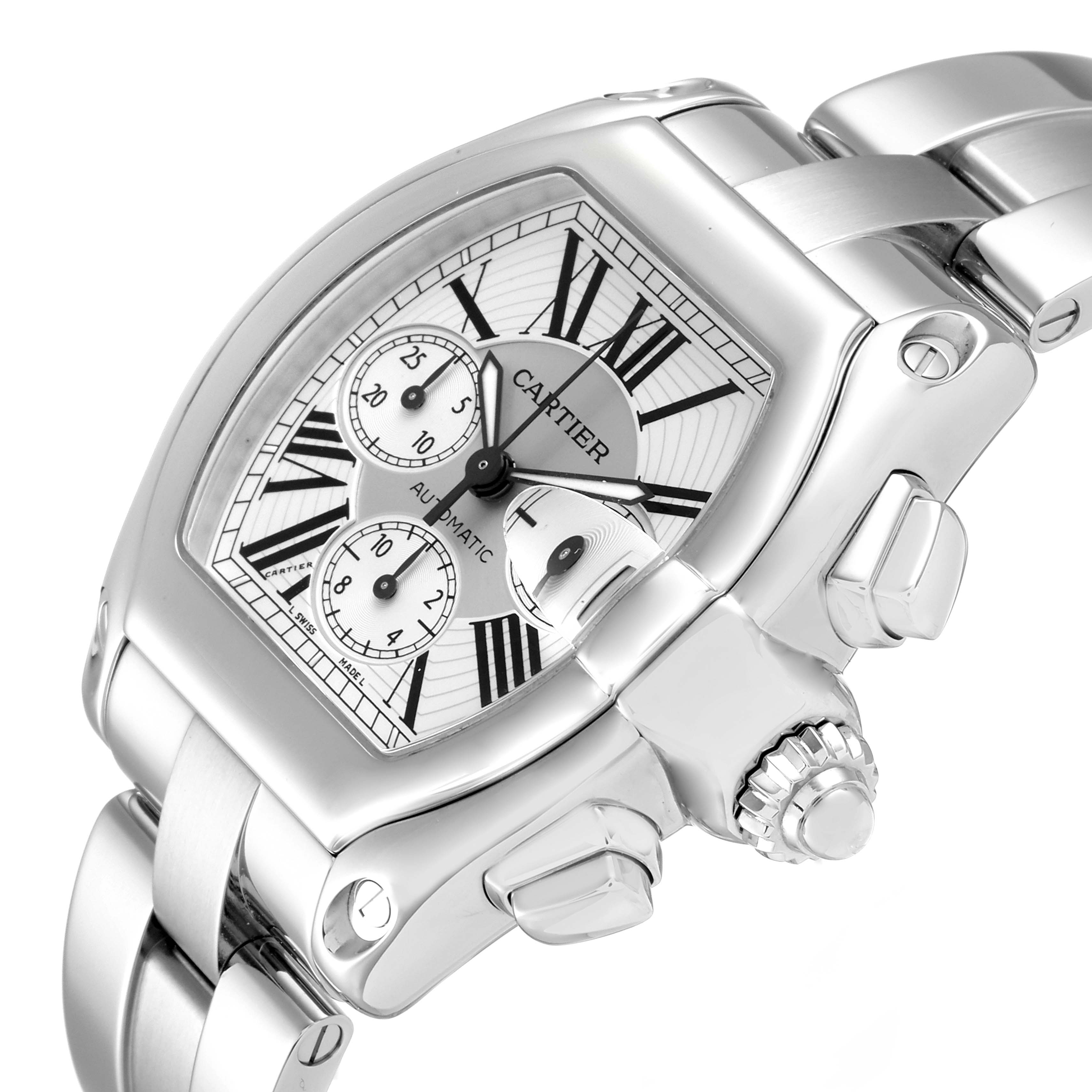 This image shows a Cartier Roadster W62019X6 Men
s Stainless Steel Silver Dial W62019X6 Men
s Stainless Steel Silver Dial watch from an angled view, focusing on the face, dial, and bracelet.