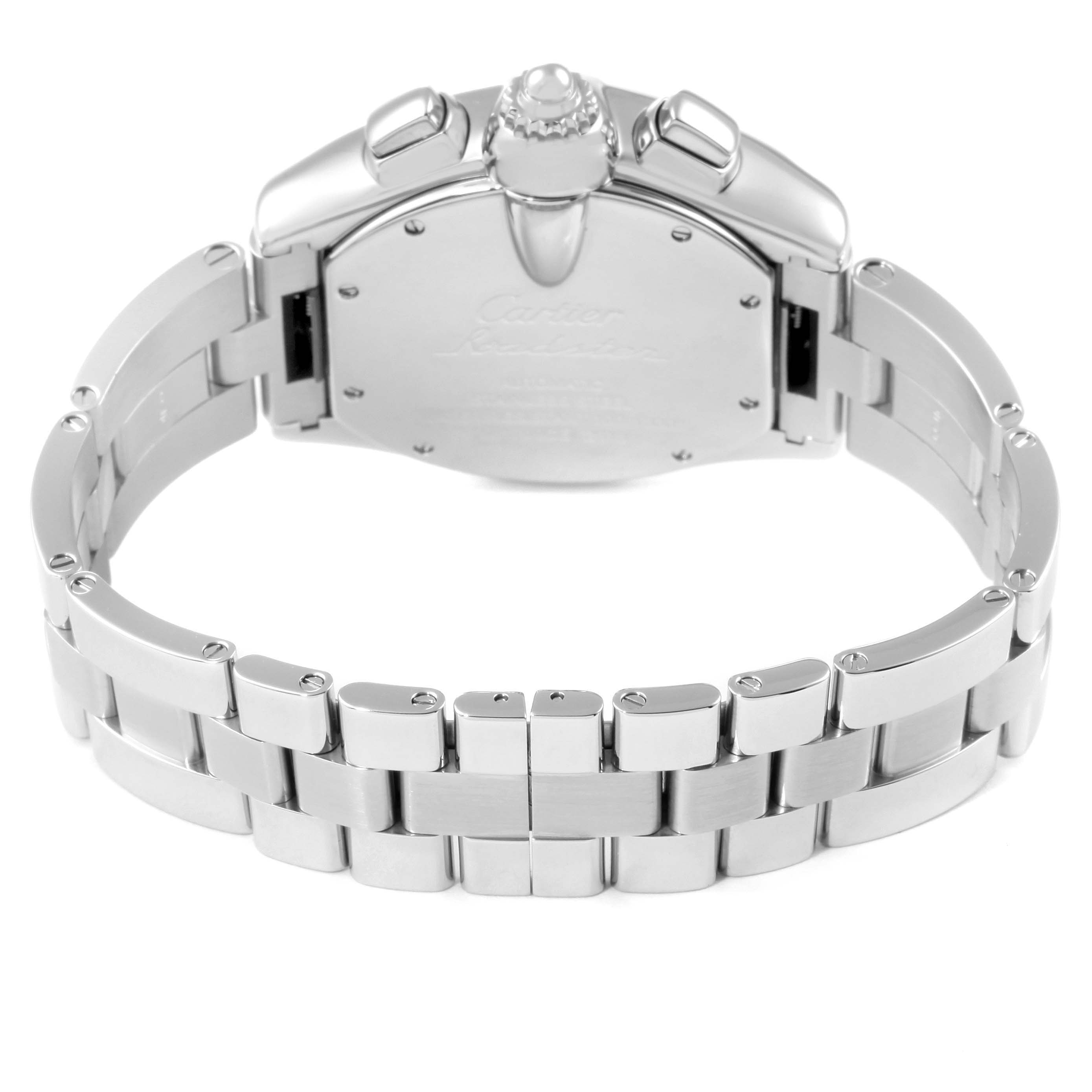 This image shows the back view of a Cartier Roadster W62019X6 Men
s Stainless Steel Silver Dial W62019X6 Men
s Stainless Steel Silver Dial model watch, highlighting its stainless steel bracelet and case back.