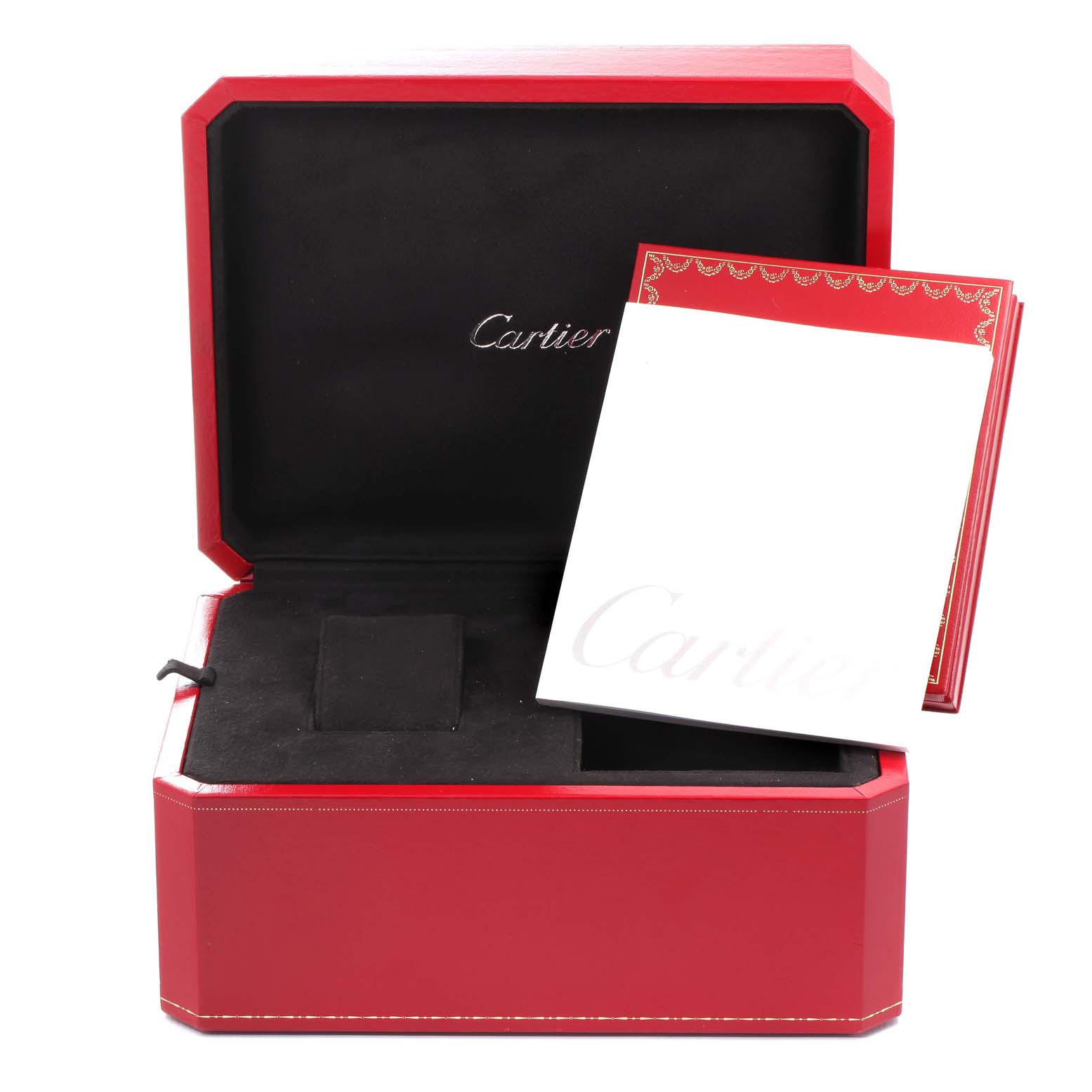 This image shows an open Cartier Roadster W62019X6 Men
s Stainless Steel Silver Dial W62019X6 Men
s Stainless Steel Silver Dial watch box and accompanying documents.