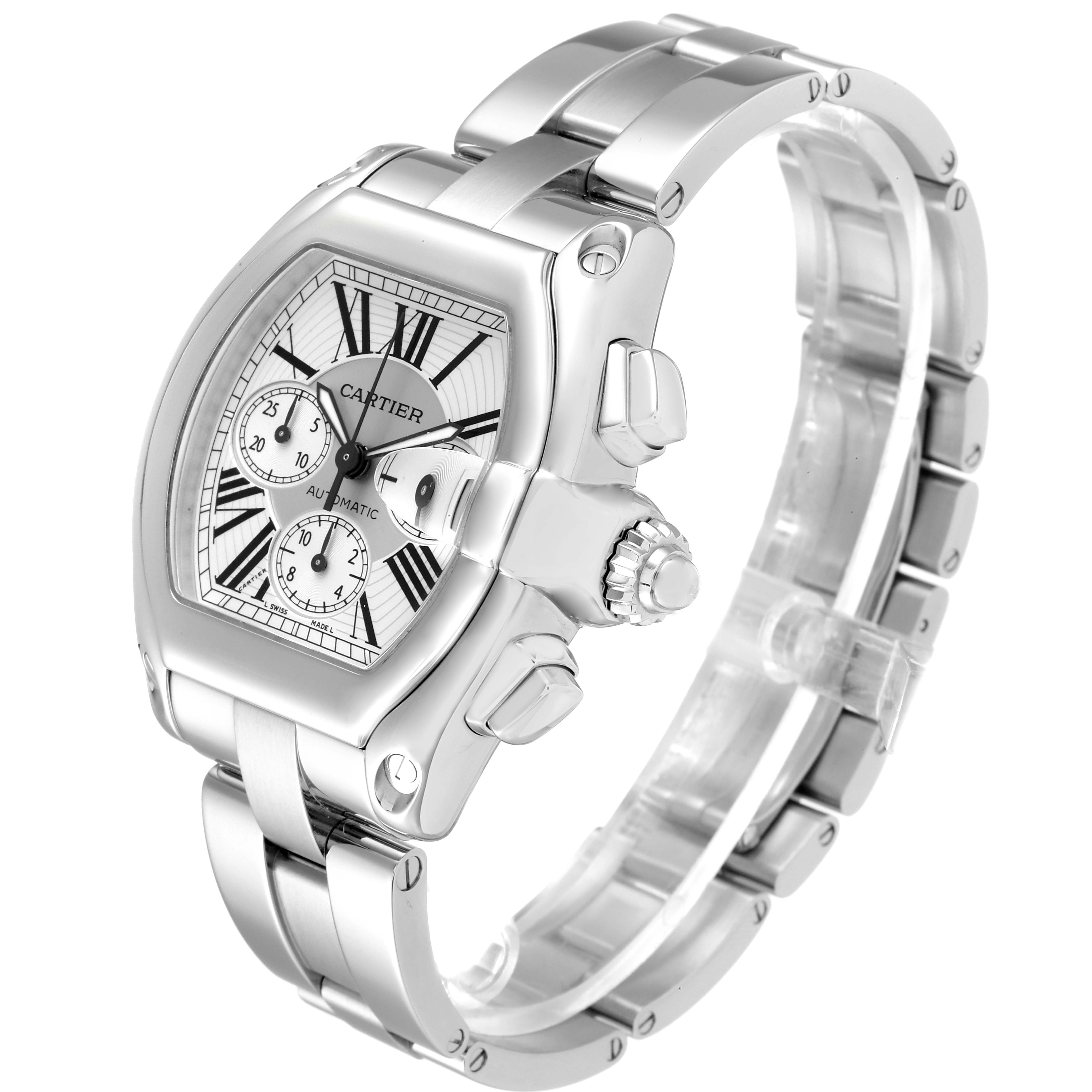 The Cartier Roadster W62019X6 Men
s Stainless Steel Silver Dial W62019X6 Men
s Stainless Steel Silver Dial watch is shown from a three-quarter angle, highlighting the dial, case, crown, and bracelet.