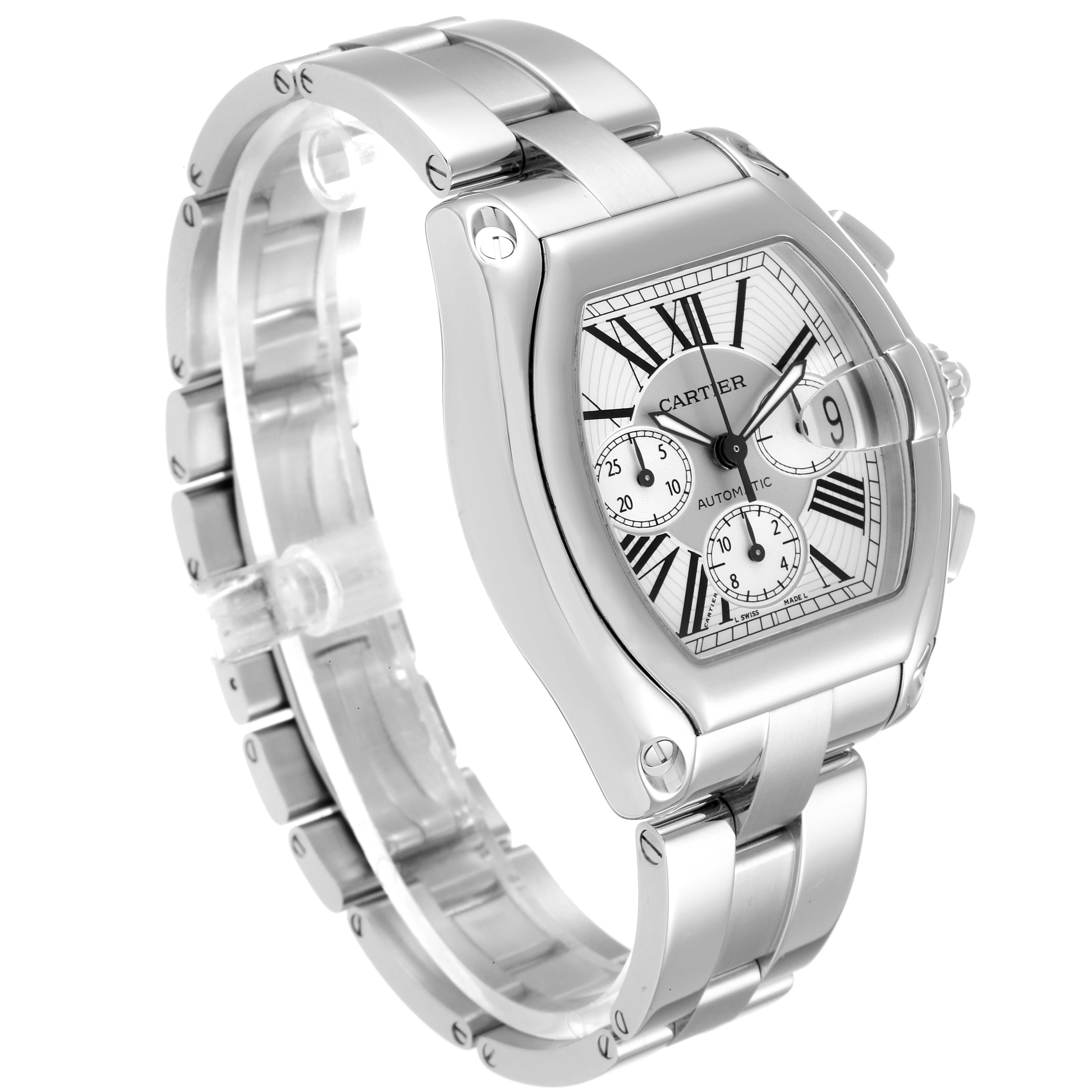 The image shows a Cartier Roadster W62019X6 Men
s Stainless Steel Silver Dial W62019X6 Men
s Stainless Steel Silver Dial watch from an angled side view, highlighting its bracelet, case, and dial.