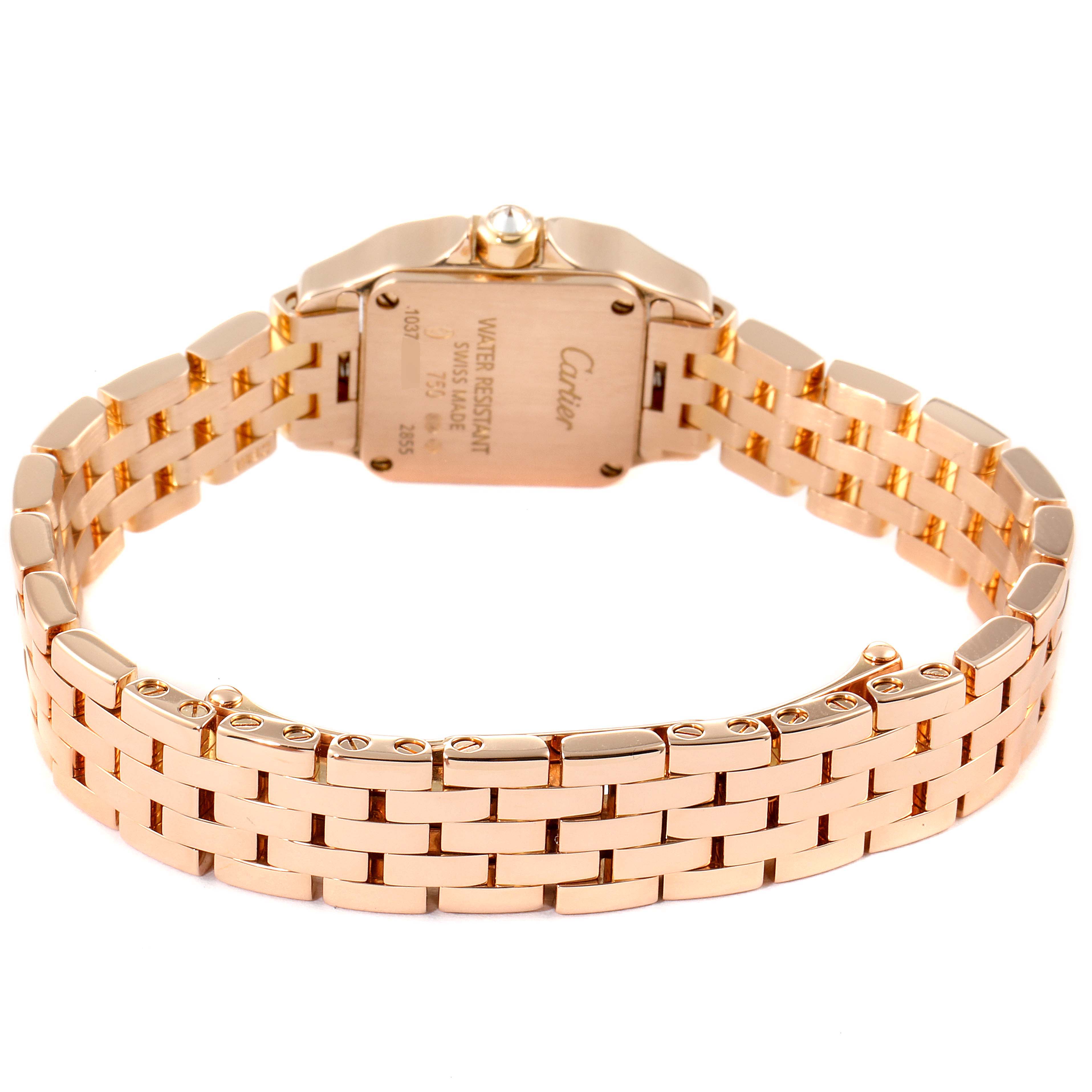 The image shows the back view of a Cartier Santos Demoiselle WF9011Z8 Women
s Rose Gold Silver Dial WF9011Z8 Women
s Rose Gold Silver Dial watch, highlighting its gold case and bracelet.