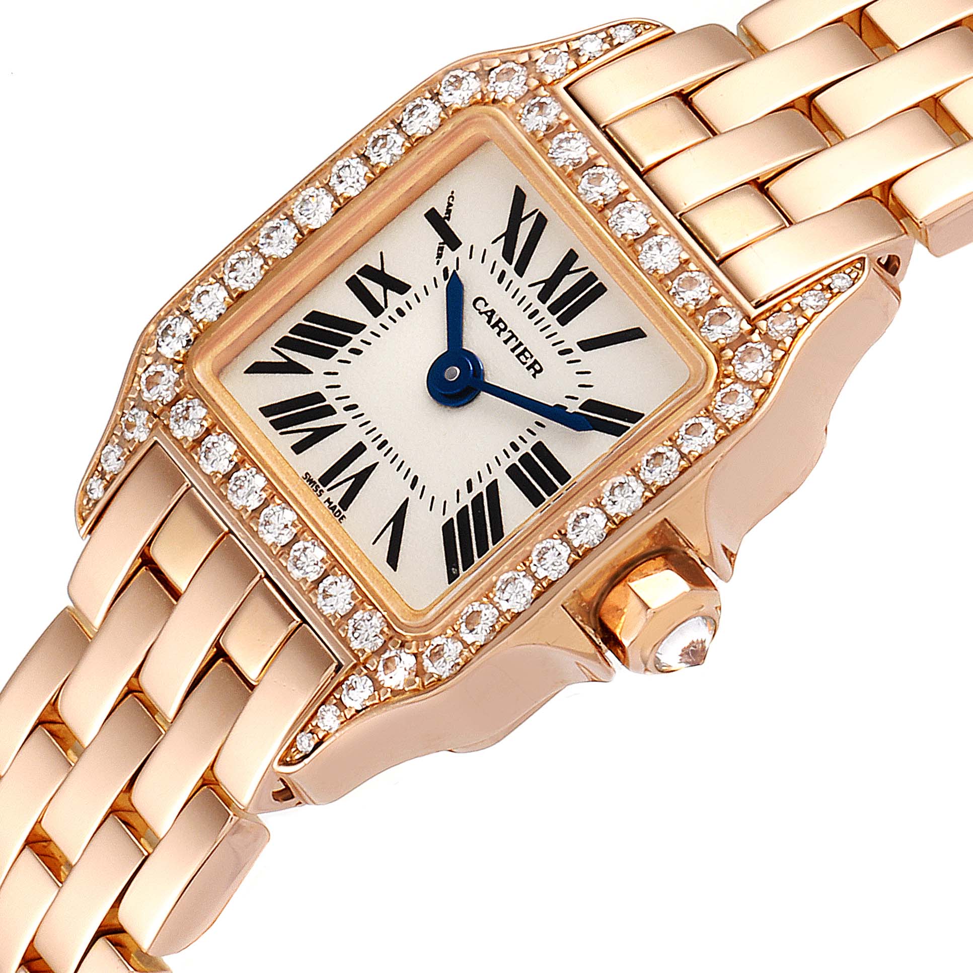 This image of the Cartier Santos Demoiselle WF9011Z8 Women
s Rose Gold Silver Dial WF9011Z8 Women
s Rose Gold Silver Dial watch shows a close-up of the face, bezel, crown, and part of the gold bracelet.