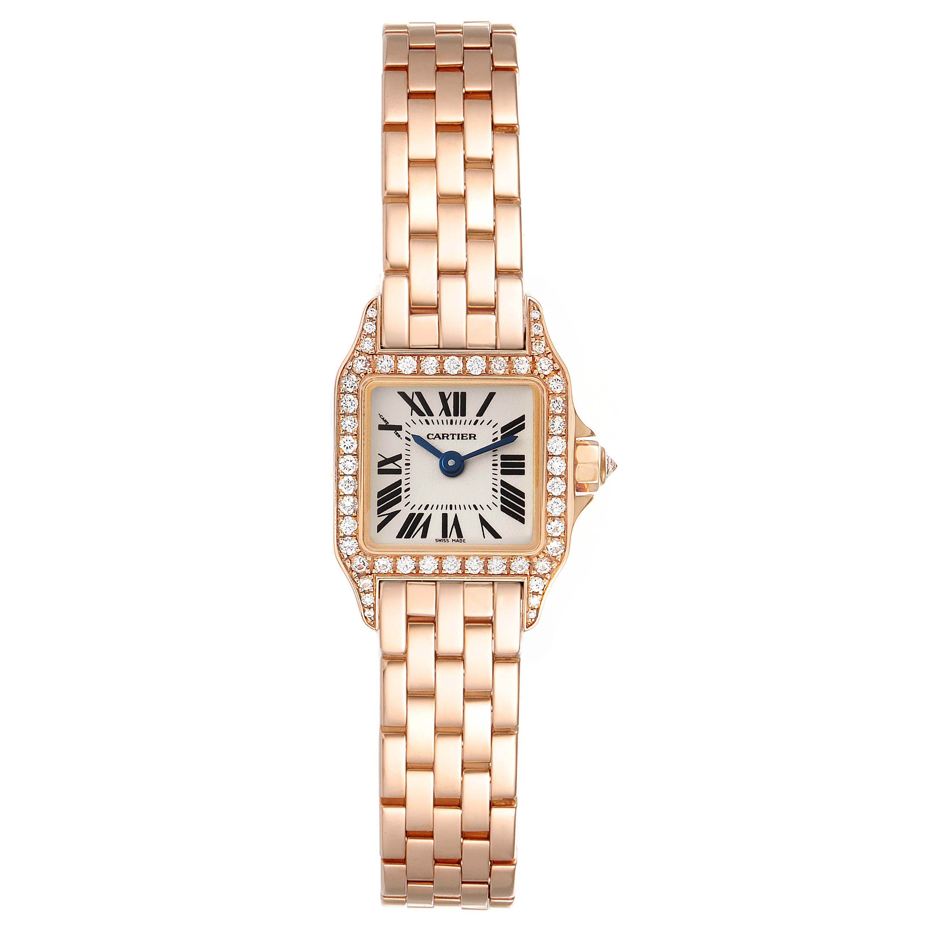 The image shows a front view of the Cartier Santos Demoiselle WF9011Z8 Women
s Rose Gold Silver Dial WF9011Z8 Women
s Rose Gold Silver Dial watch, highlighting its square face, diamond bezel, and rose gold bracelet.