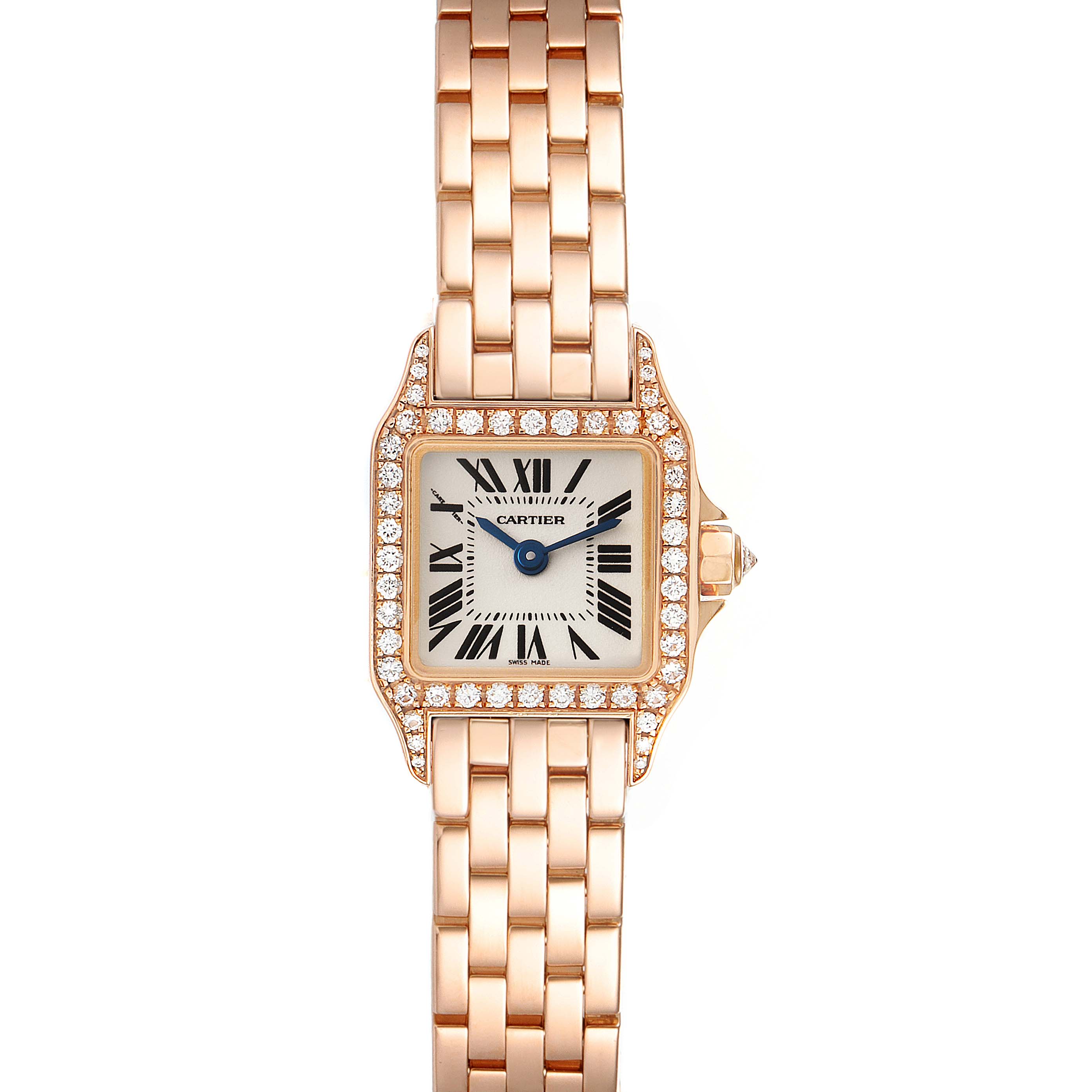 This image showcases a Cartier Santos Demoiselle WF9011Z8 Women
s Rose Gold Silver Dial WF9011Z8 Women
s Rose Gold Silver Dial watch, showing a frontal view with the face, bezel, and bracelet in clear detail.