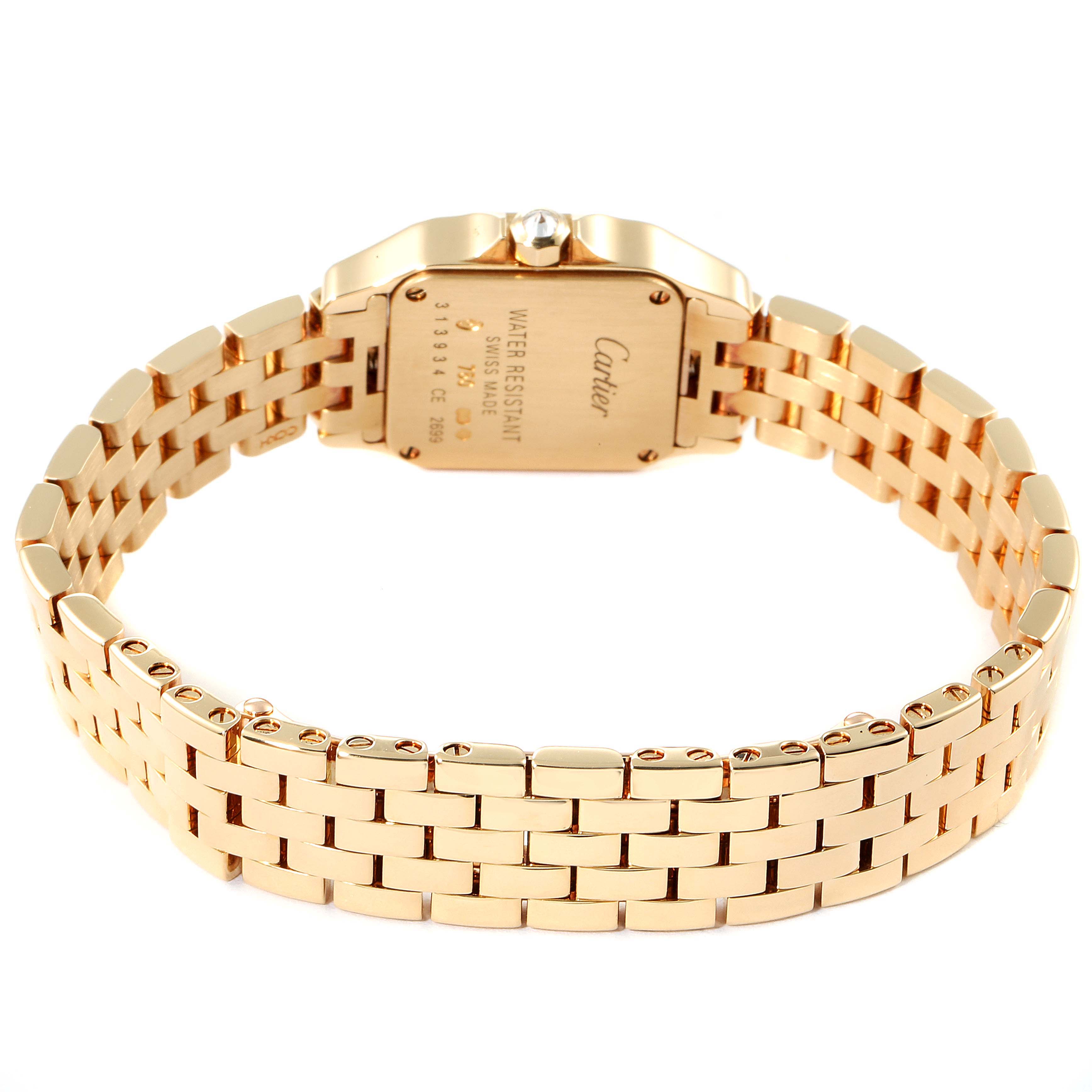 The image shows the back view of a Cartier Santos Demoiselle WF9001Y7 Women
s Yellow Gold Silver Dial WF9001Y7 Women
s Yellow Gold Silver Dial watch, highlighting the case back and bracelet.