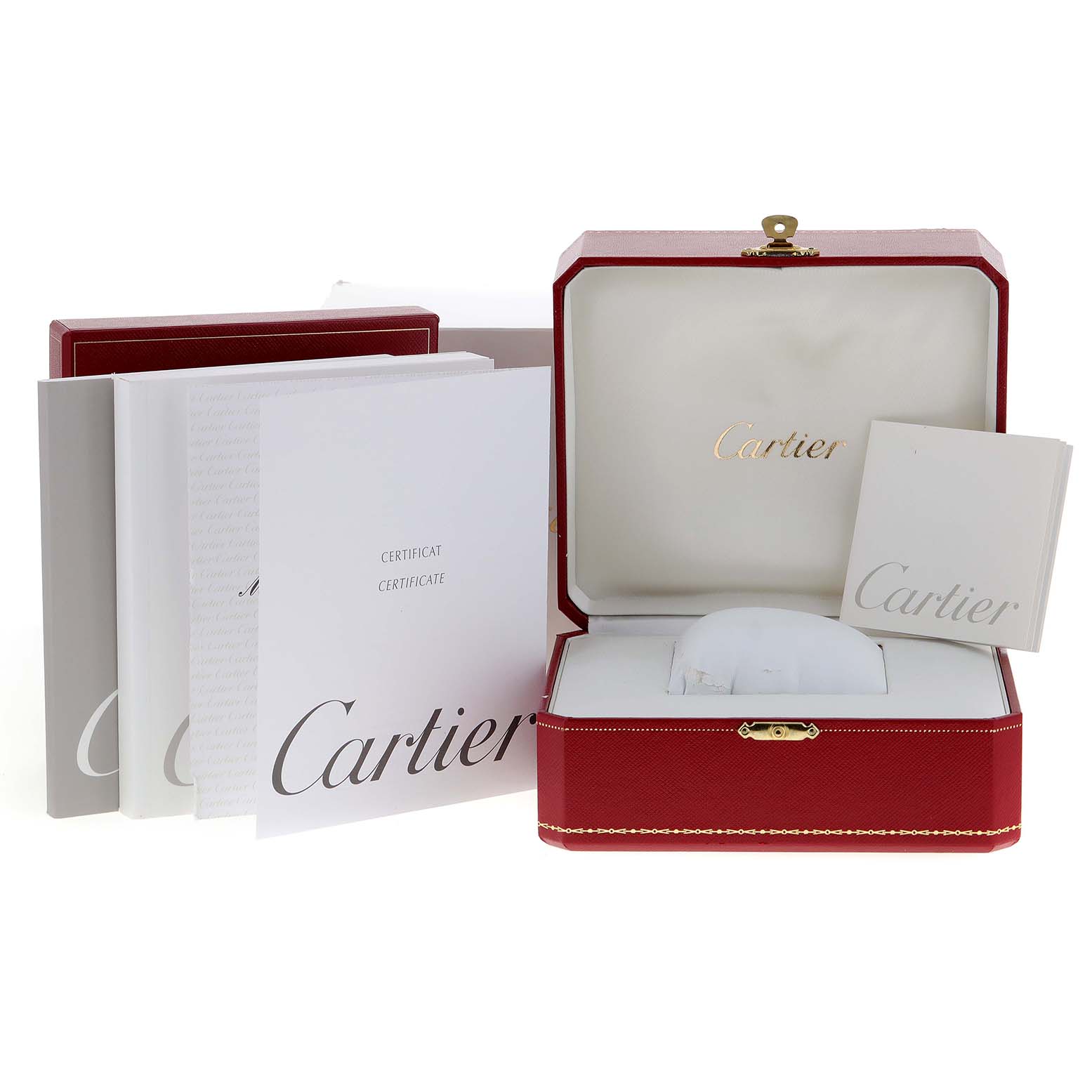 This image shows the Cartier Santos Demoiselle WF9001Y7 Women
s Yellow Gold Silver Dial WF9001Y7 Women
s Yellow Gold Silver Dial watch box, warranty card, user manual, and certification papers.