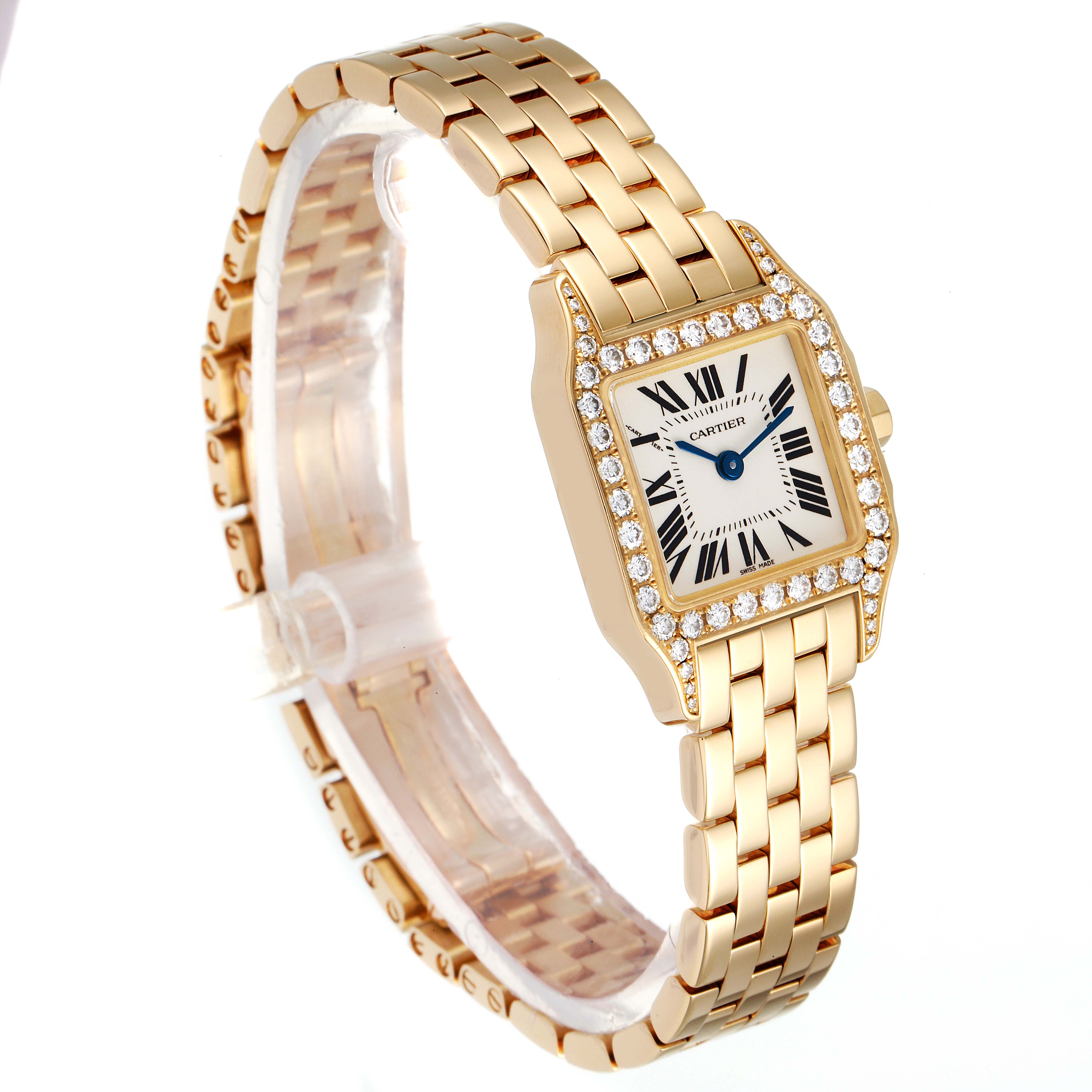 The Cartier Santos Demoiselle WF9001Y7 Women
s Yellow Gold Silver Dial WF9001Y7 Women
s Yellow Gold Silver Dial watch is shown at a slight angle, highlighting the face, diamond bezel, and golden bracelet.