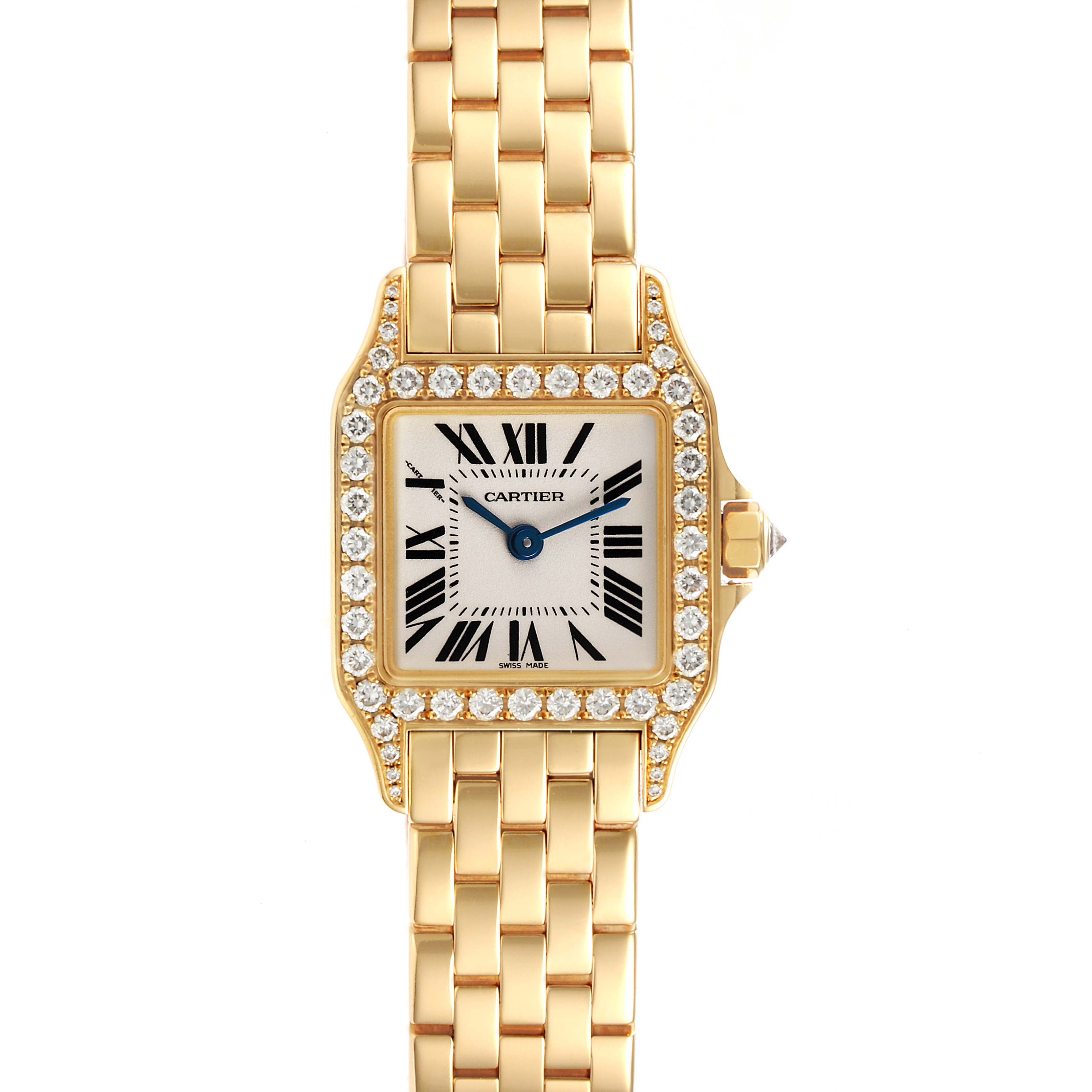 This image shows a front view of the Cartier Santos Demoiselle WF9001Y7 Women
s Yellow Gold Silver Dial WF9001Y7 Women
s Yellow Gold Silver Dial watch, highlighting the face, bezel, and part of the bracelet.